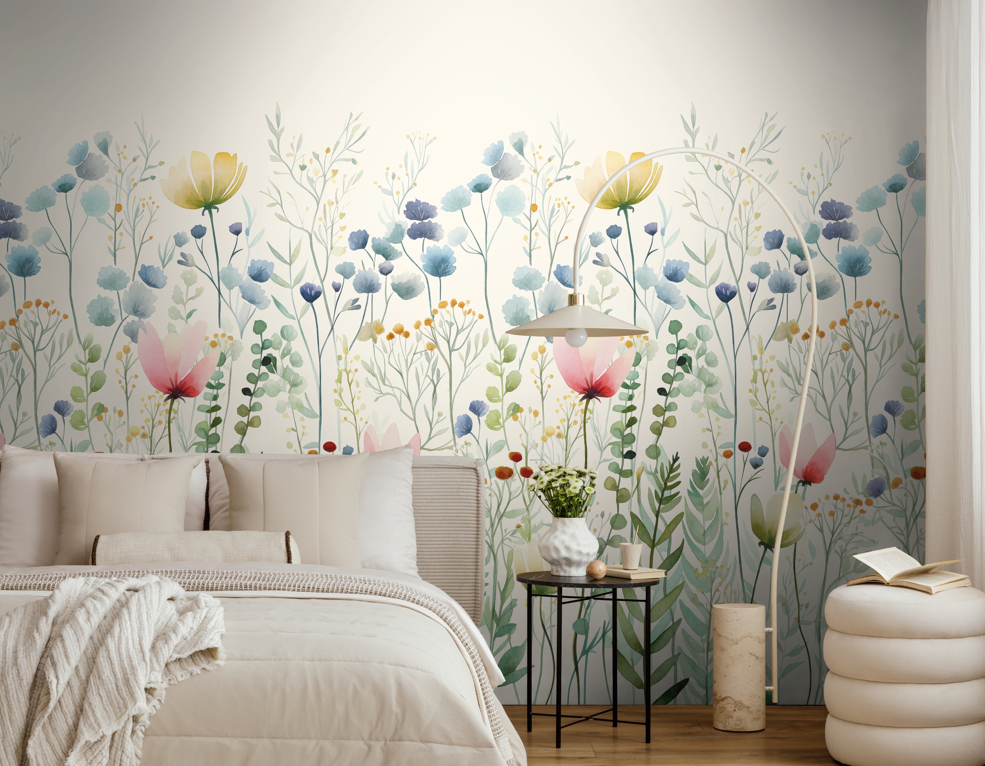 living walls Fototapete »The Wall 4 Flowers – Blumenwiese mit Blätterranken Vlies-Fototapete« botanisch | floral | matt leicht strukturiert Blumenwiese mit Blätterranken – natürlicher Tiefenwirkung