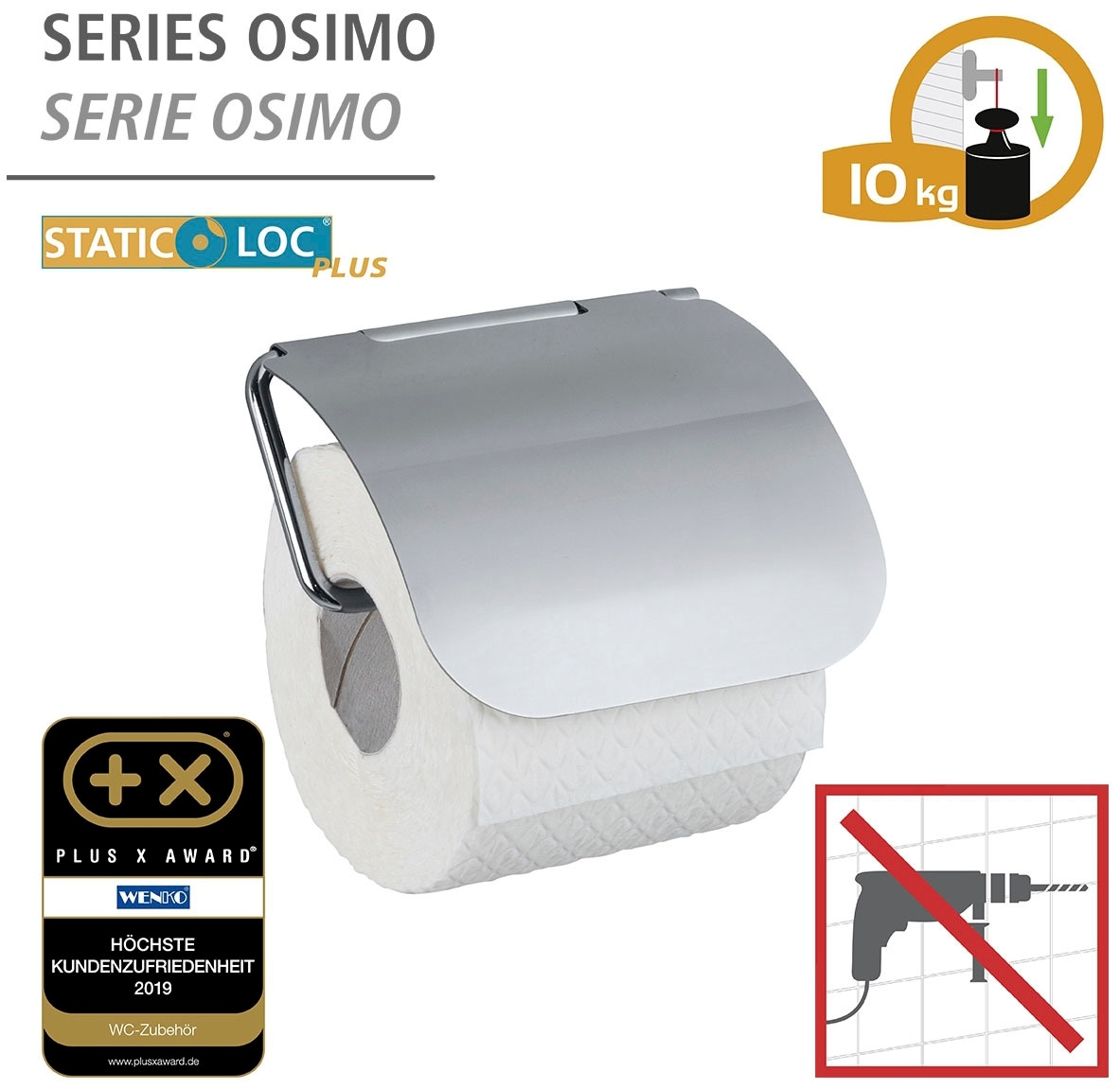 WENKO Toilettenpapierhalter »Static-Loc® Plus Osimo«, mit Deckel, Befestigen ohne Bohren
