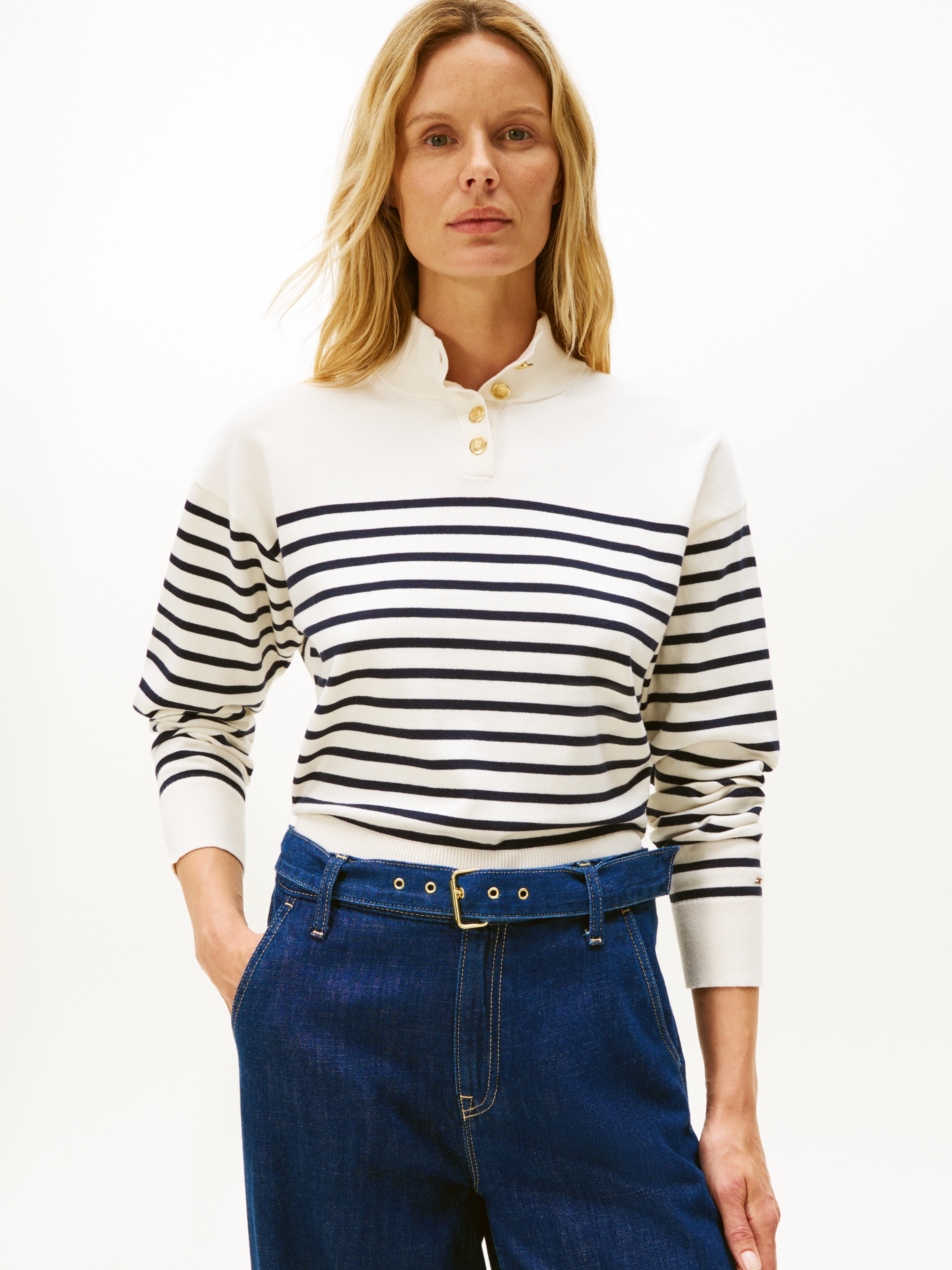 Tommy Hilfiger Strickpullover "CO JERSEY GOLD BTN MOCK-NK SWT", mit goldfar günstig online kaufen