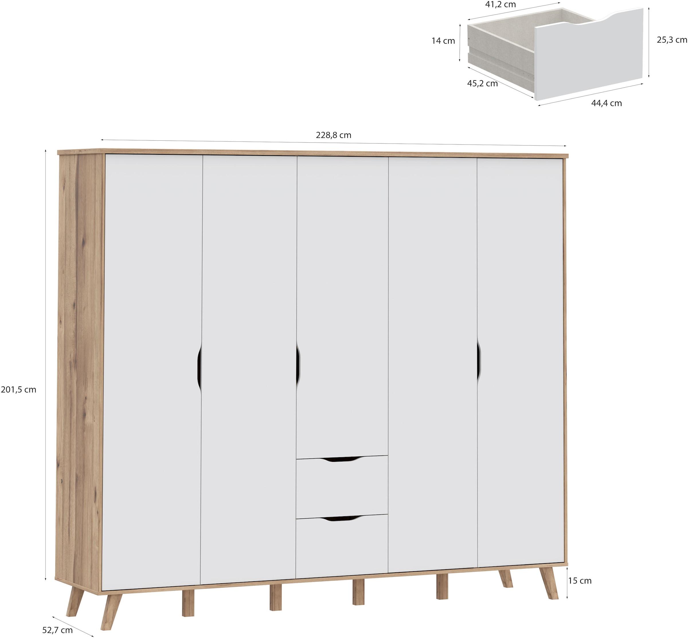 FORTE Kleiderschrank »Vankka, Drehtürenschrank, Viel Stauraum, skandinavischer Stil« Made in Europe, mit Einlegeböden+Kleiderstangen+Schubladen,grifflos
