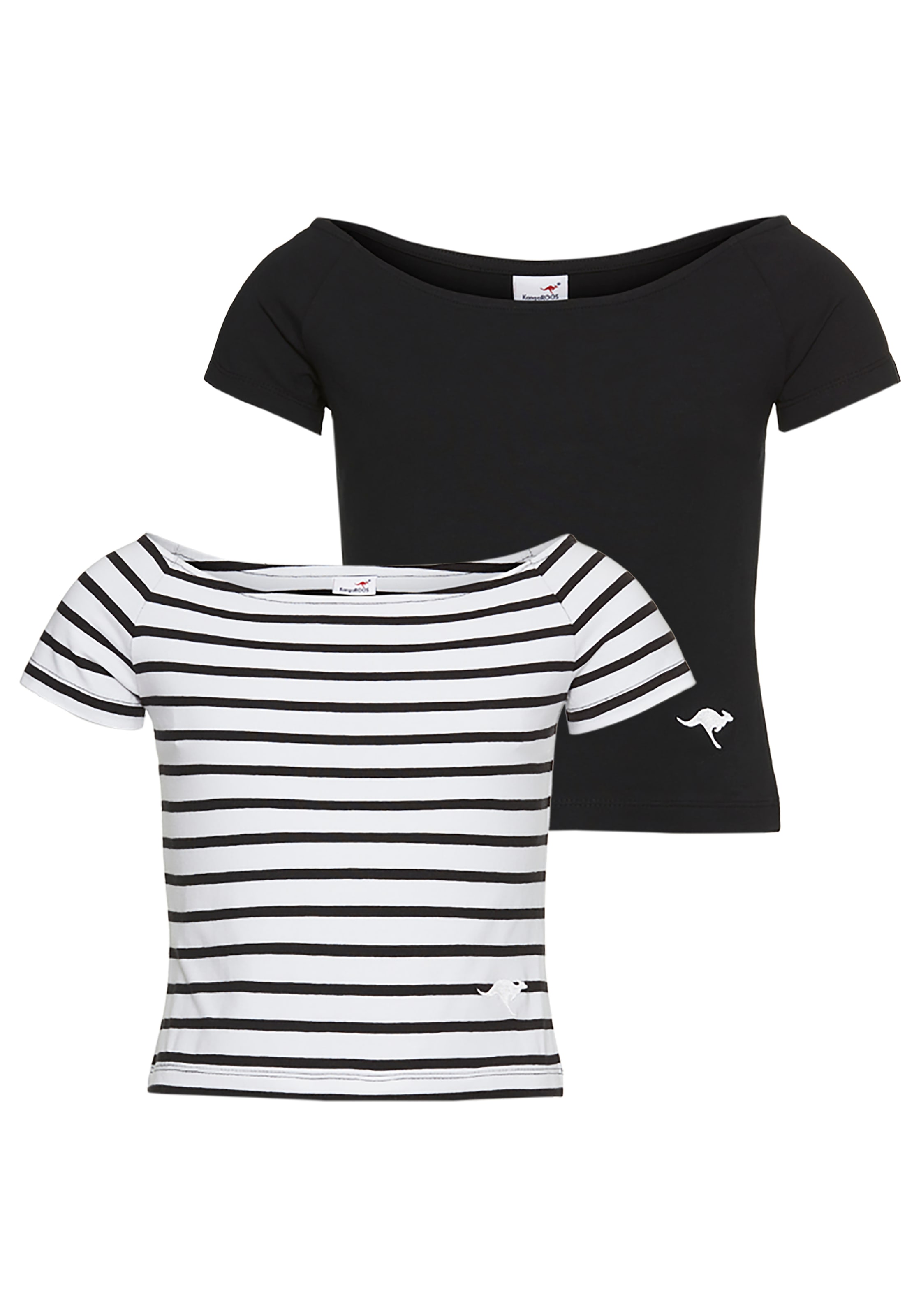 Carmenshirt KANGAROOS "2er Pack T-Shirts", Mädchen, Gr. 140/146, schwarz (ringel, schwarz), Single Jersey, Obermaterial: 95% Baumwolle, 5% Elasthan, geringelt, eng taillenlang, Carmenausschnitt, Raglanärmel, Shirts, 1x uni + 1x geringelt