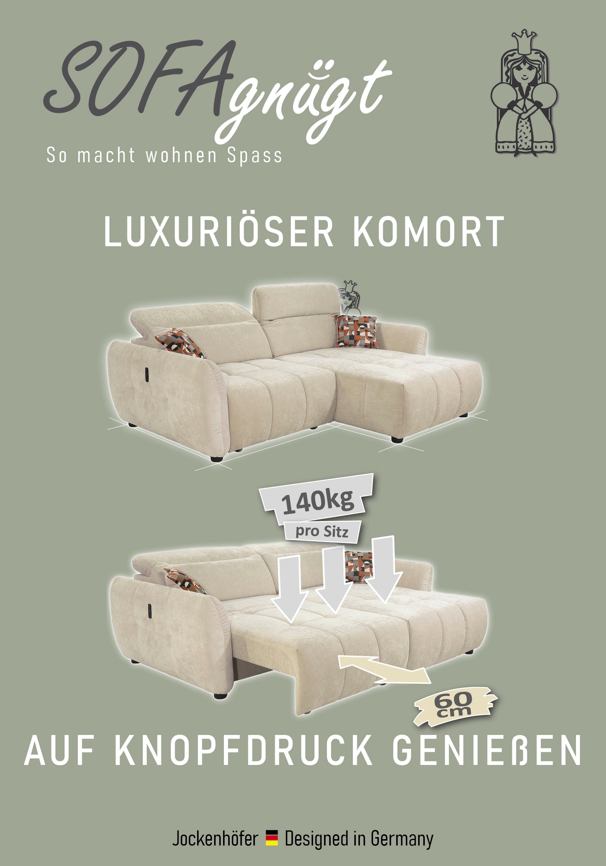 Jockenhöfer Gruppe Ecksofa »Zoom, L-Form, 140kg Belastbarkeit je Sitzplatz« 60cm elektromotorische Sitztiefenverstellung,USB-Ladeports,Kopfstützen