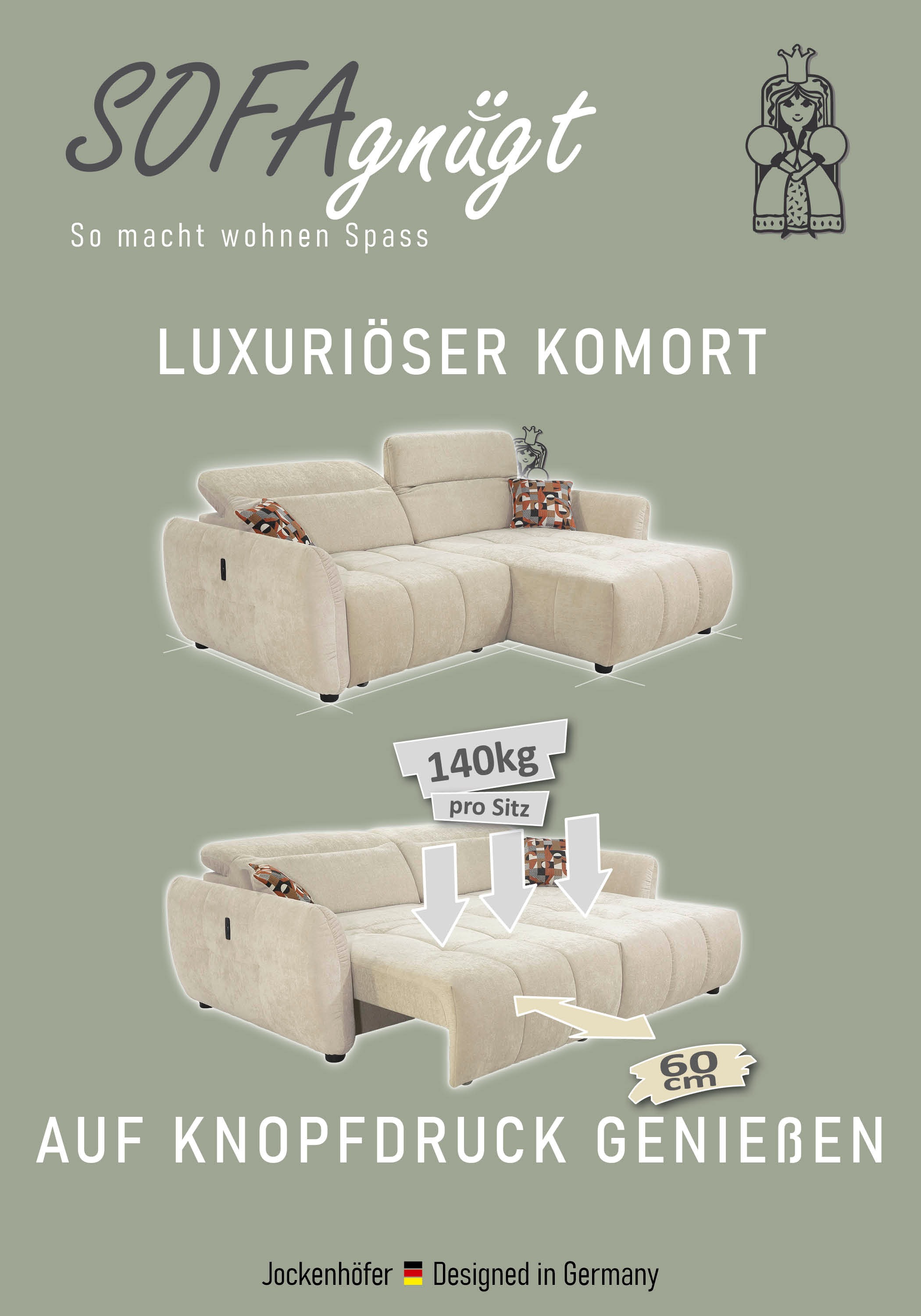 Thumbnail - Jockenhöfer Gruppe Ecksofa "Zoom L-Form, B: 263 cm, mit 60 cm elektr. Sitztiefenverstellung" 140kg Belastbarkeit, USB-An...