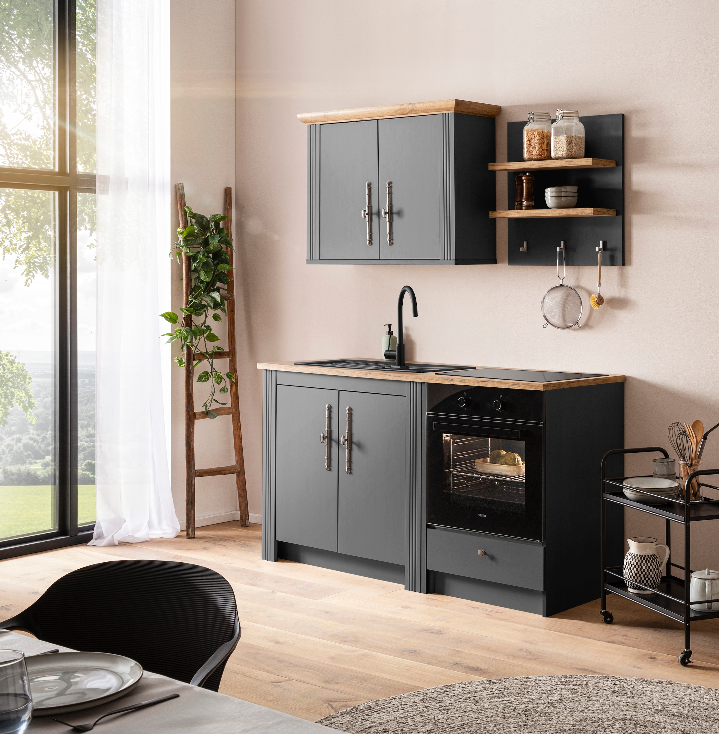 KOCHSTATION Küchenzeile »KS-Westminster, Pantryküche im Landhaus Stil, hochwertige Metallgriffe«, (Set), Breite 164 cm, Kommode, Wandpaneel, Hängeschrank und Herdumbau