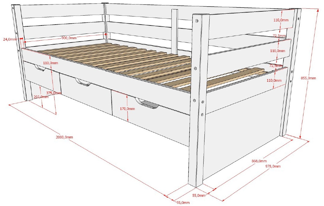 Vipack Funktionsbett »Margrit mit Bettschublade, in zeitlosem Design, universell einsetzbar« Liegefläche 90 x 200 cm, inkl. Rolllattenrost und seitlichem Umbau,  Massivholzbett mit 3 Schubladen, wahlweise in 2 Farben erhältlich