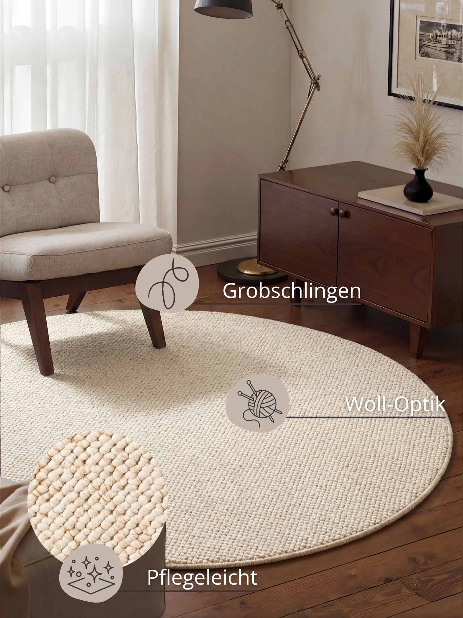 HANSE Home Teppich »Wolly 2« rund 12 mm Höhe Flachgewebe, Skandi, Woll-Optik, Esszimmer, Wohnzimmer, Flur