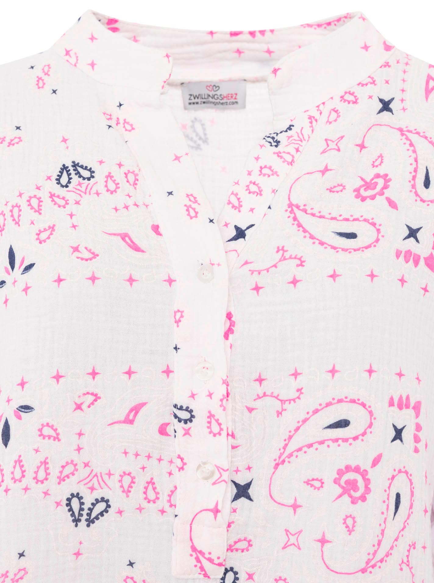 Zwillingsherz Kurzarmbluse »"Paisley Dreams"« Musselin, Paisley Muster, umgeschlagene Ärmel, V-Neck mit Knopfleiste