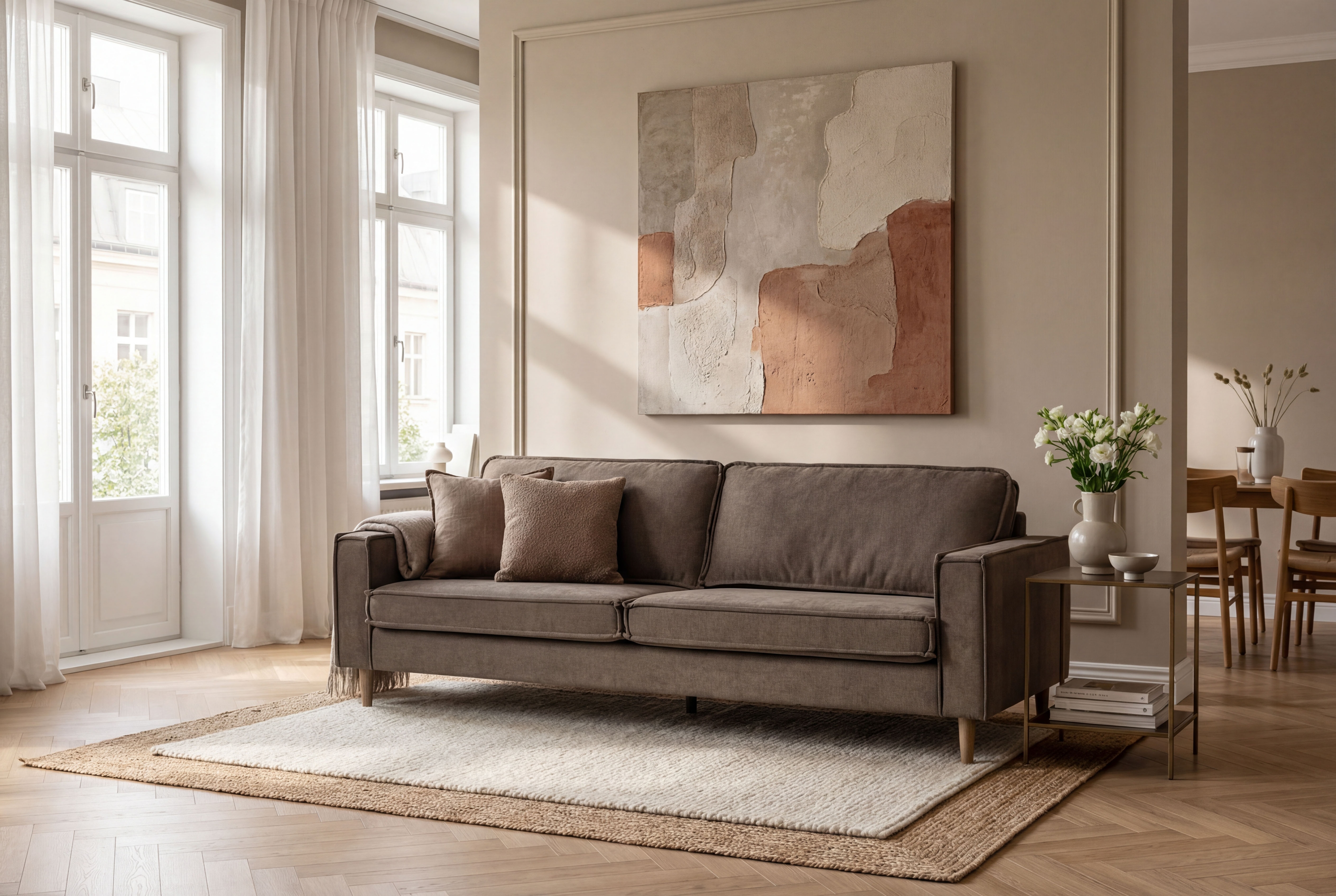OTTO home 3-Sitzer "Pinto Skandi,Maxi-Ausführung, 236 cm, Chenille, Struktur" mit Keder, Massivholzfüße Eiche geräuchert, Wellenunterfederung