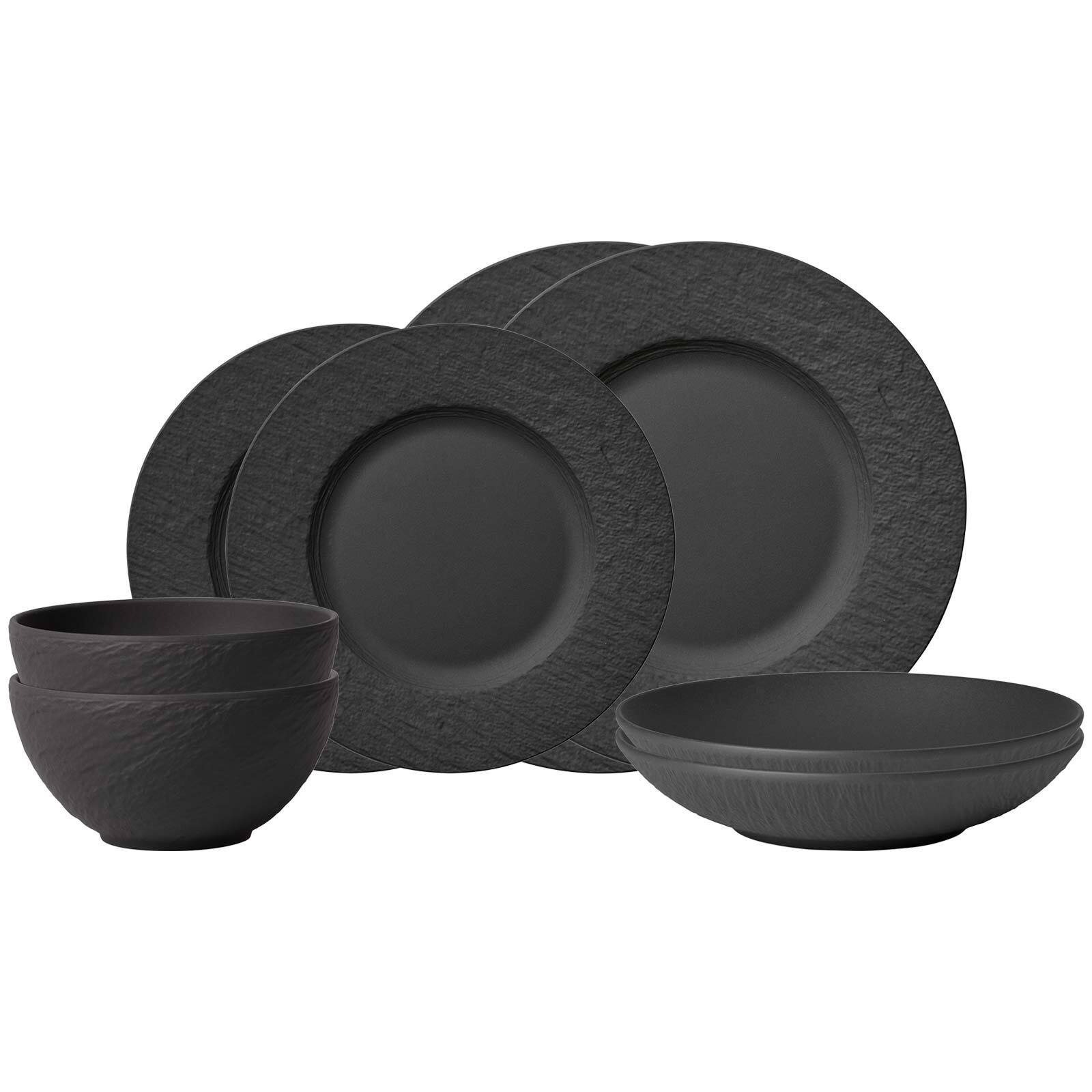 Villeroy & Boch Geschirr-Set "Einsteiger-Set Manufacture Rock 8er Set schwarz" Spülmaschinengeeignet, Mikrowellenfest