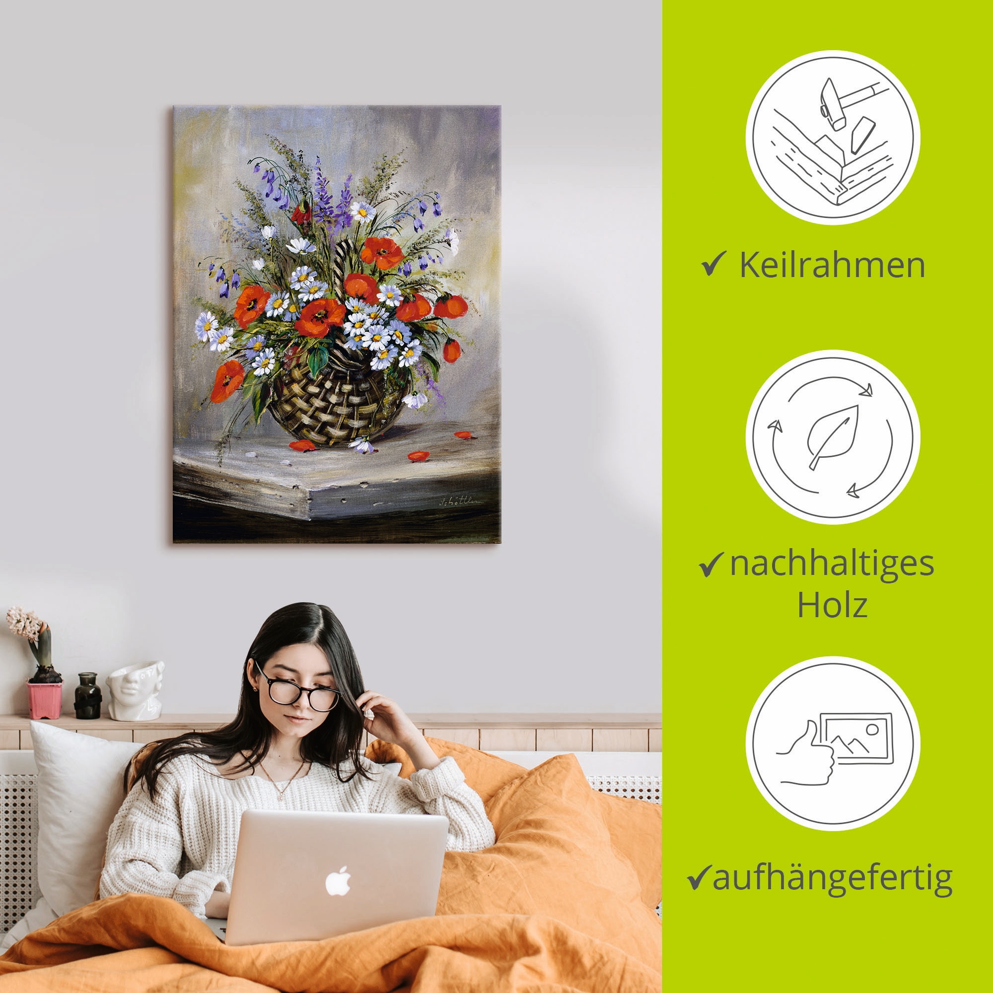 Artland Leinwandbild »Blumiger Korb«, Blumen, (1 St.), auf Keilrahmen gespannt