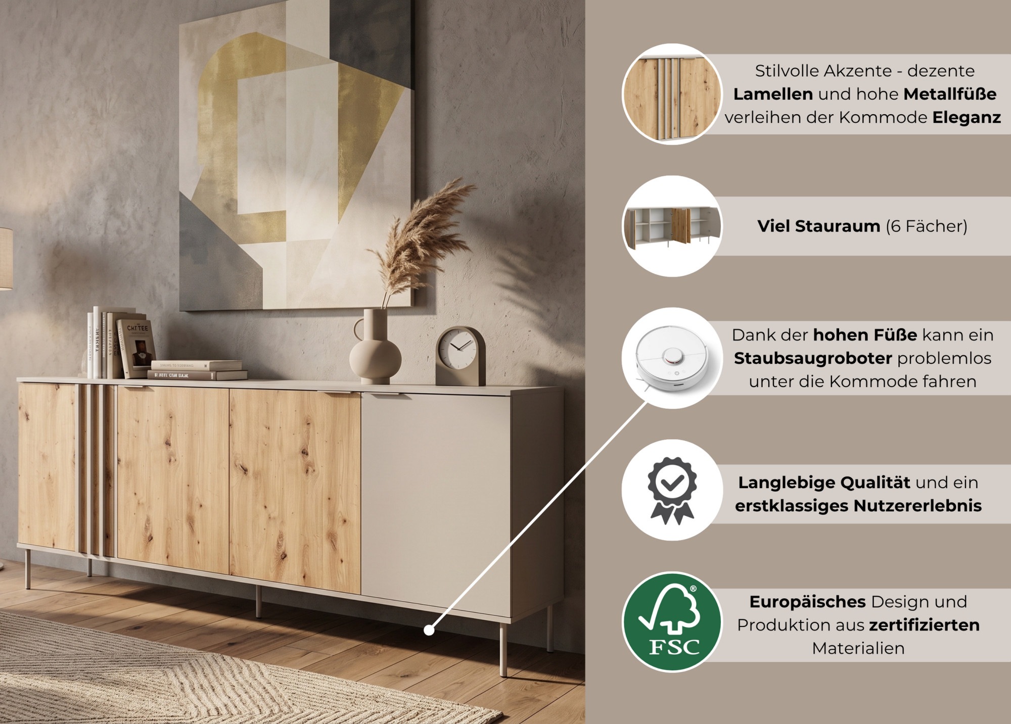 OTTO home Kommode »AAELIN Sideboard mit 4 Türen, viel Stauraum« Schubkastenkommode mit 6 Fächer, modernes Design