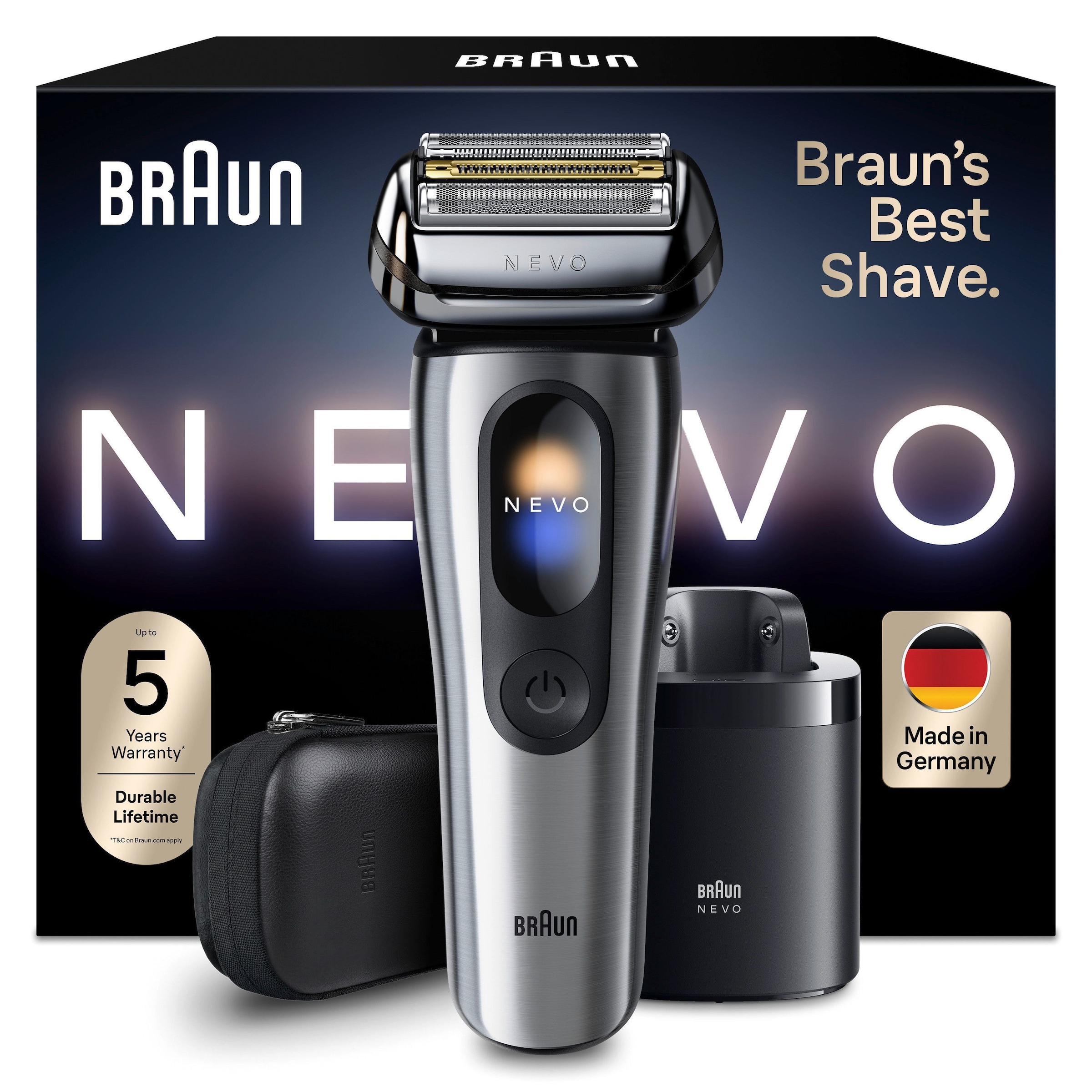 Braun Elektrorasierer "NEVO 15000cc" SmartClean-Plus-Reinigungsstation integrierter Präzisionstrimmer AeroTouch, Smart Display, 7-in-1 Care System, Reiseetui, Silber