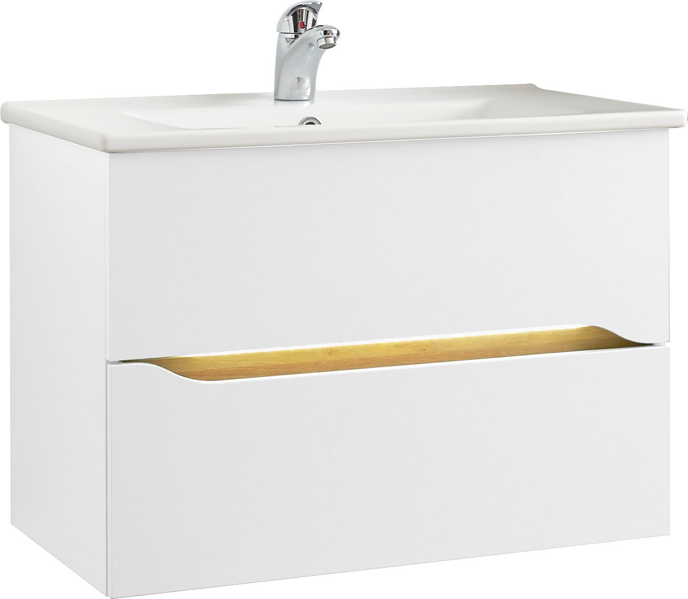 Saphir Badmöbel-Set »Quickset 2-teilig, Keramikwaschtisch mit LED-Spiegelschrank«, (4 St.), Waschplatz 80 cm breit, 3 Türen, 2 Schubladen, inkl. Türdämpfer