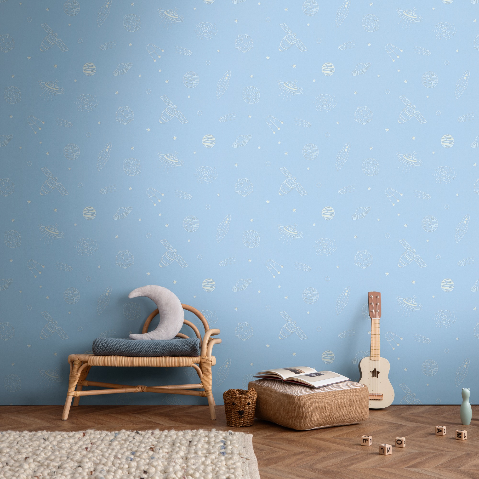 living walls Vliestapete »Kids Studio Weltraum – Kinderzimmer Vliestapete mit Leuchteffekt« Weltall | grafisch | leicht glänzend glatt Raketen, Planeten und Sterne mit Leuchteffekt im Dunkeln