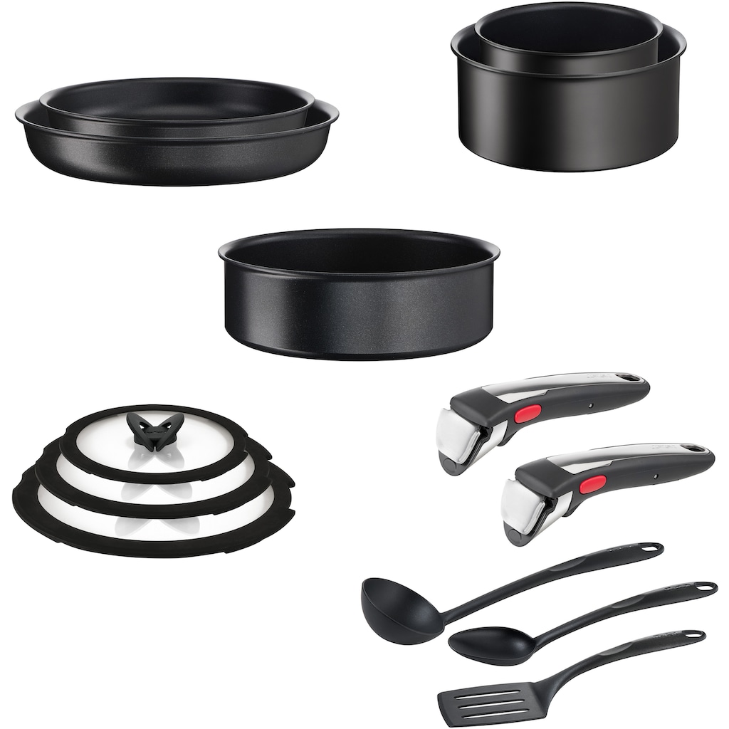 Tefal Topf-Set »Ingenio Unlimited On«, Aluminium, (Set, 13 tlg., Kasserolle 16/20/24 cm, Bratpfanne 24/28 cm, 3 Deckel, Küchenhelfer), Antihaft, Thermo-Signal, abnehmbarer Griff, alle Herdarten, Induktion