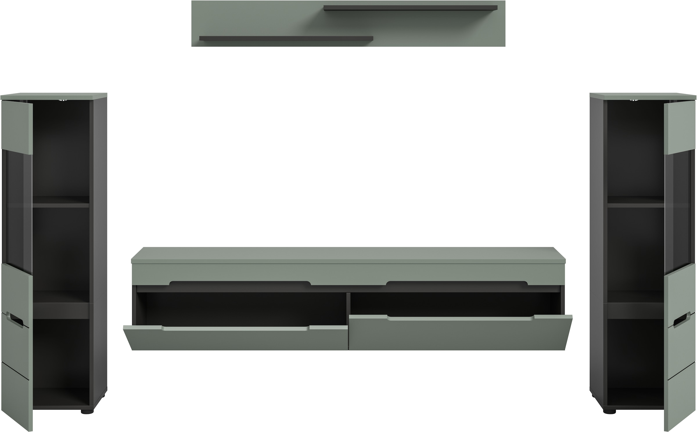 INOSIGN Wohnwand »REHAT, TOPSELLER!, 4-teilig, wahlweise stehend und hängend montierbar«, (3 St., Set bestehend aus: 2x Vitrine, Lowboard und Wandboard), Kombination, Anbauwand, Set, Wohn-Set, Wohnzimmer-Set, Schrankwand