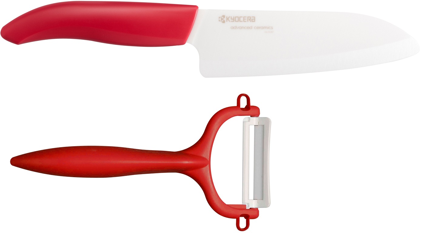 KYOCERA Messer-Set, (Set, 2 tlg., 1 x Sparschäler-1 x Santokumesser), extrem scharfe Hochleistungskeramik-Klinge