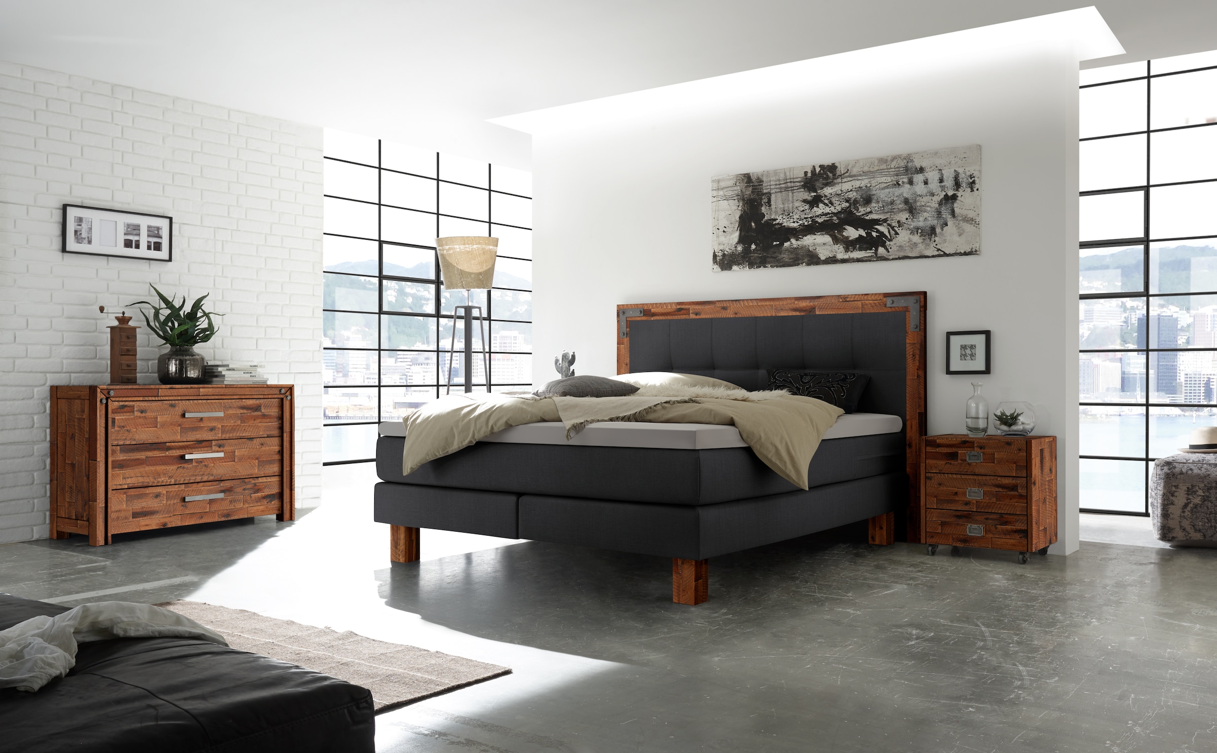 HASENA Boxspringbett Memphis, im Vintagelook, Massivholz-Umrandung, Tonnentaschen-Federkernmatratze