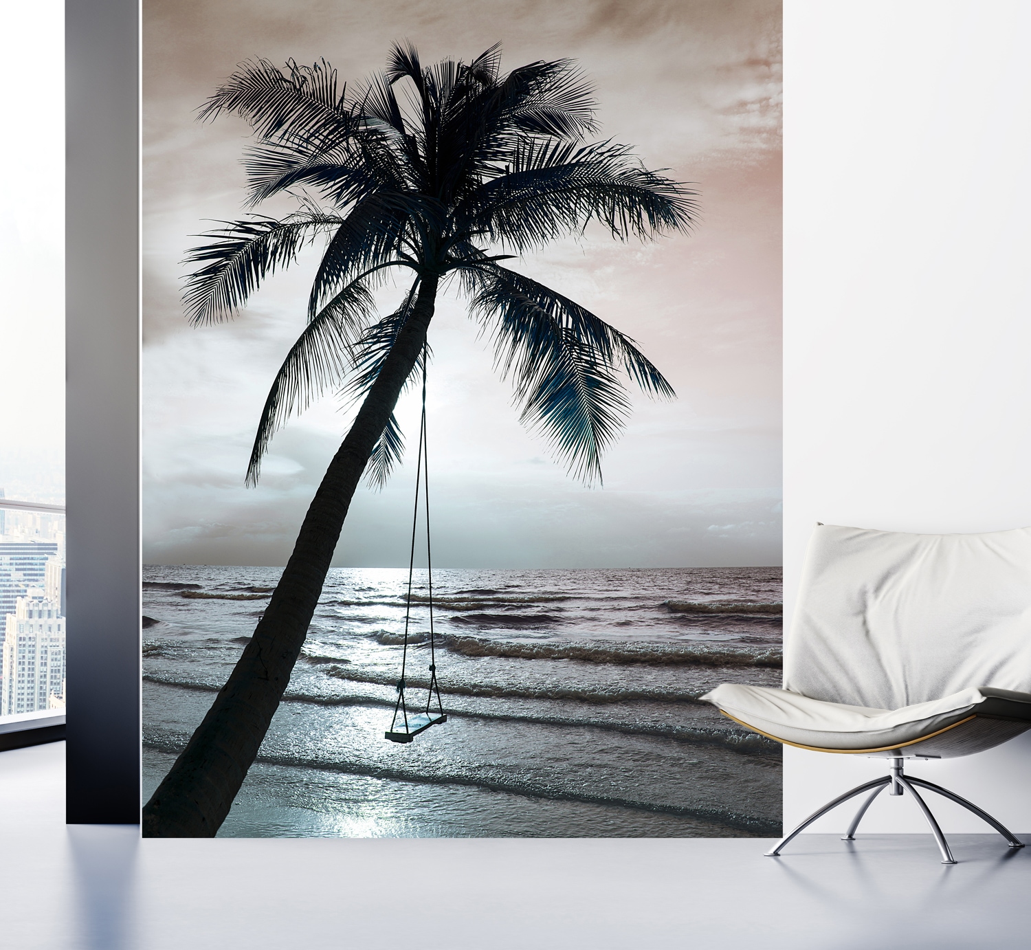 queence Fototapete "Schaukel am Strand" Meer Motiv bedruckt realistisch glatt Wandpaneele, selbstklebend, Tapete, Sticker, Wanddeko, XXL-Fotomotiv