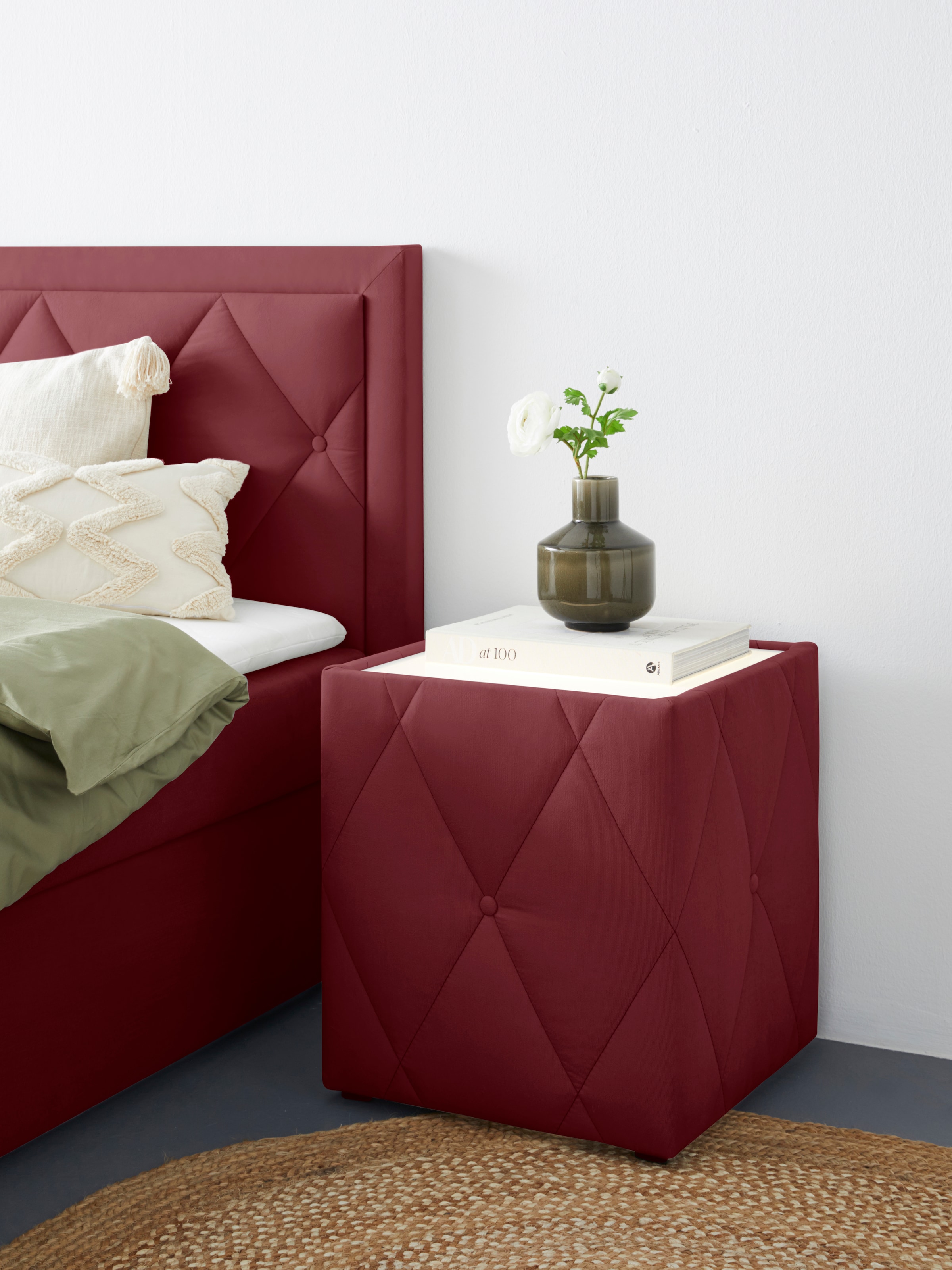 Nachttisch HOME AFFAIRE "Alfie", rot (weinrot, plexi milchglas), B:50cm H:53cm T:50cm, Tische, Nachttisch, mit Beleuchtung und Bezug aus Samtverlours 4