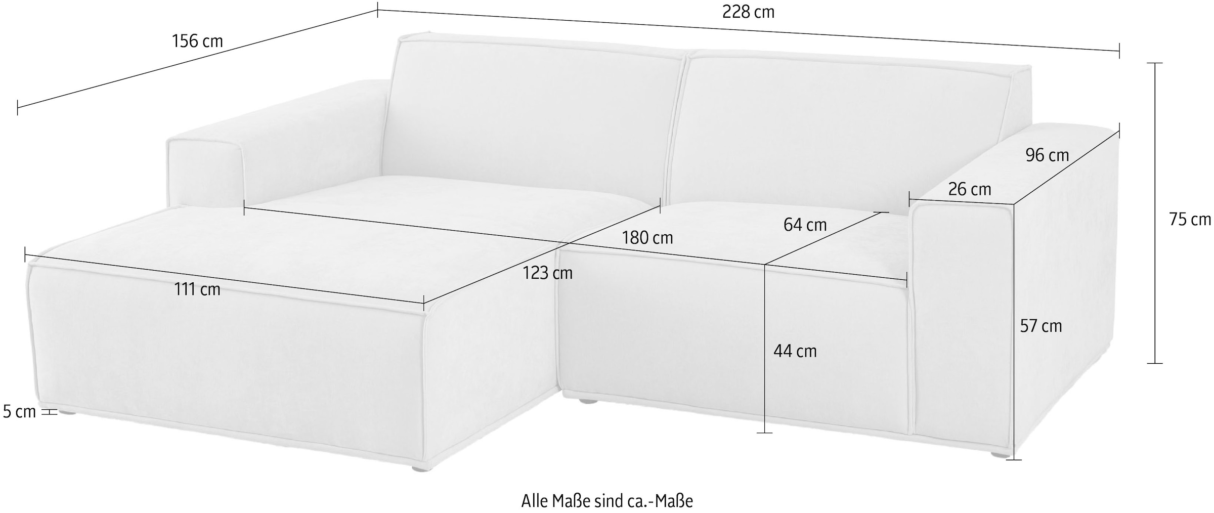 Home affaire Ecksofa »Avelin, 228 cm, L-Form, Chenille, Struktur-Boucle«, mit Wellenunterfederung, Kedernaht, bodentief, Skandi-Design