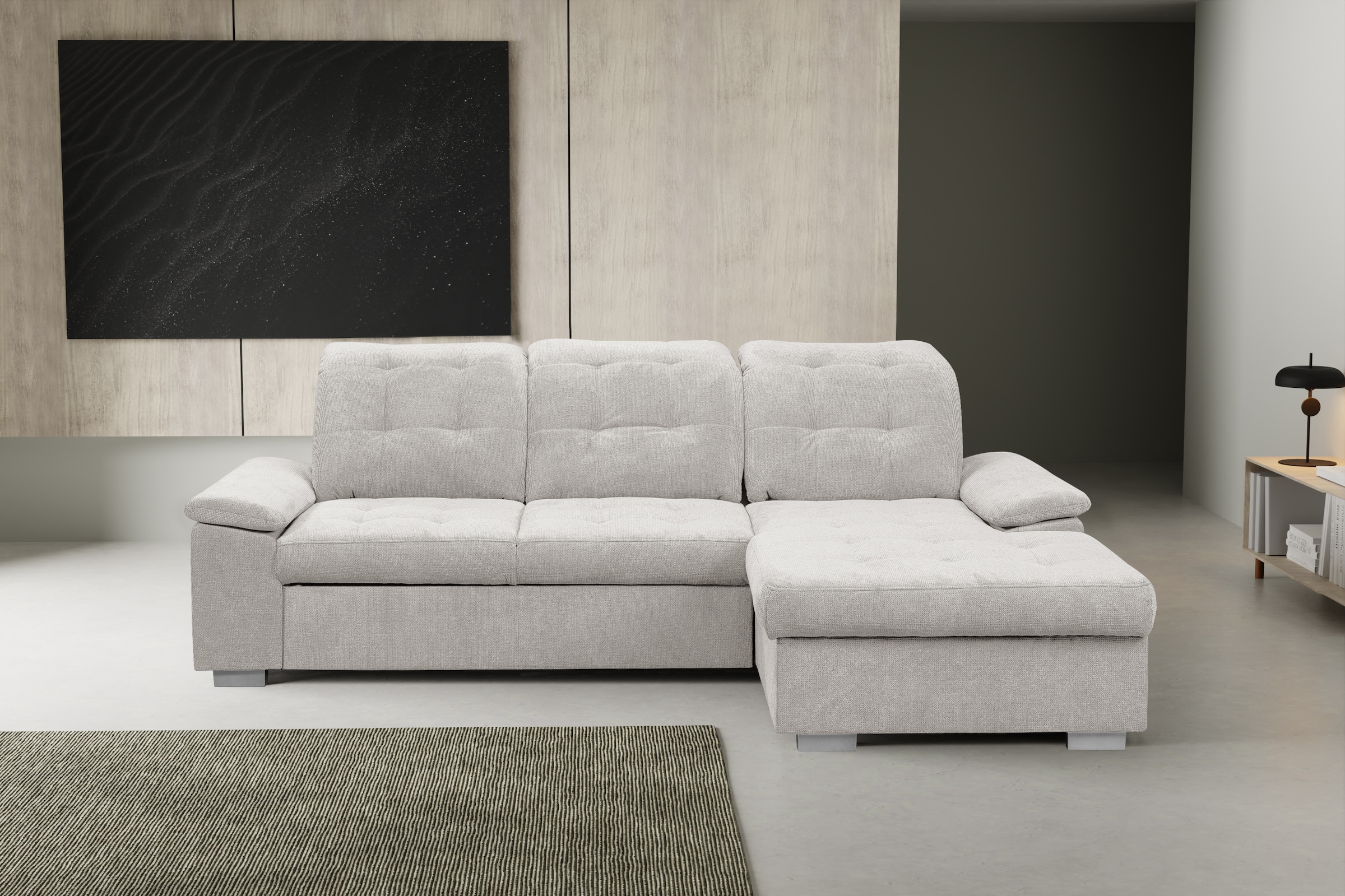 WERK2 Ecksofa "Carmen 264 cm breit L-Form Sofa Schlaffunktion Kopfstützen verstellbar" Schlafcouch mit Bettkasten, Eckcouch wahlw. mit Sitztiefenverstellung