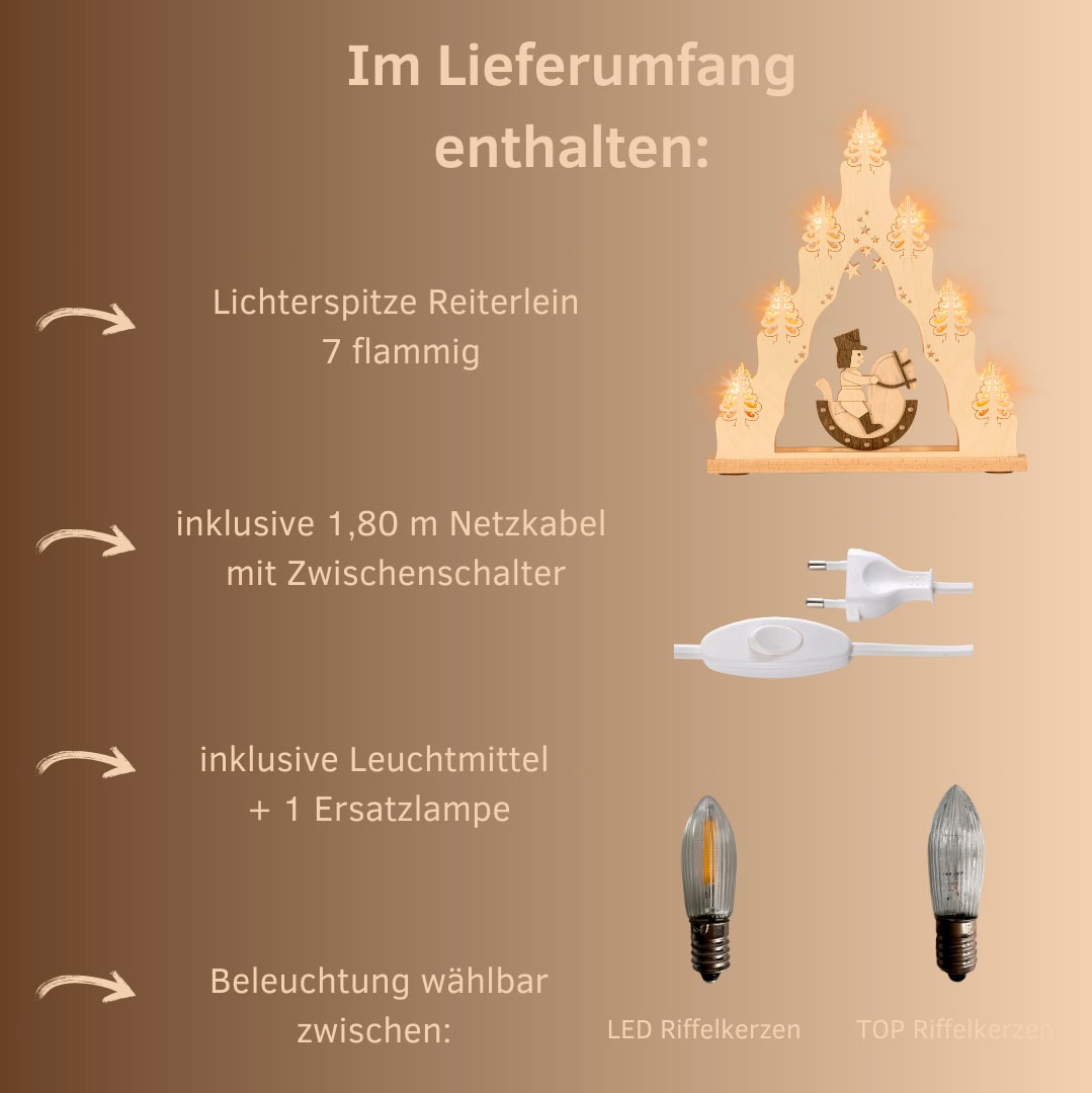 Weigla LED Schwibbogen »LED Reiterlein, Lichterspitze aus Holz, NATUR-BRAUN«, Erzgebirge garantiert, Weihnachtsdeko Innen, Weihnachtsbeleuchtung