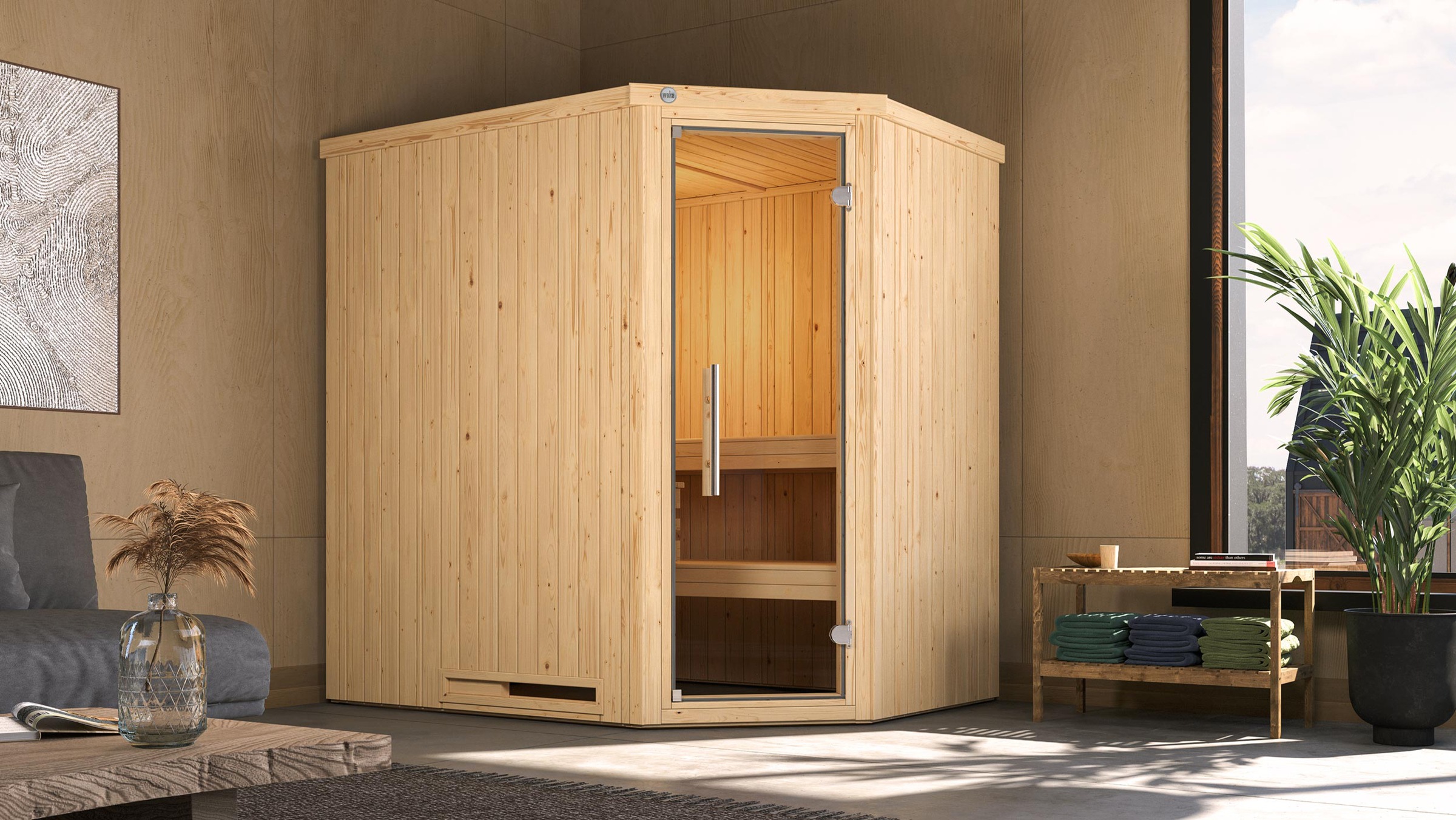 weka Sauna »Element-Ecksauna VARBERG 1«, vorgefertigte Elemente, moderne Ganzglastür
