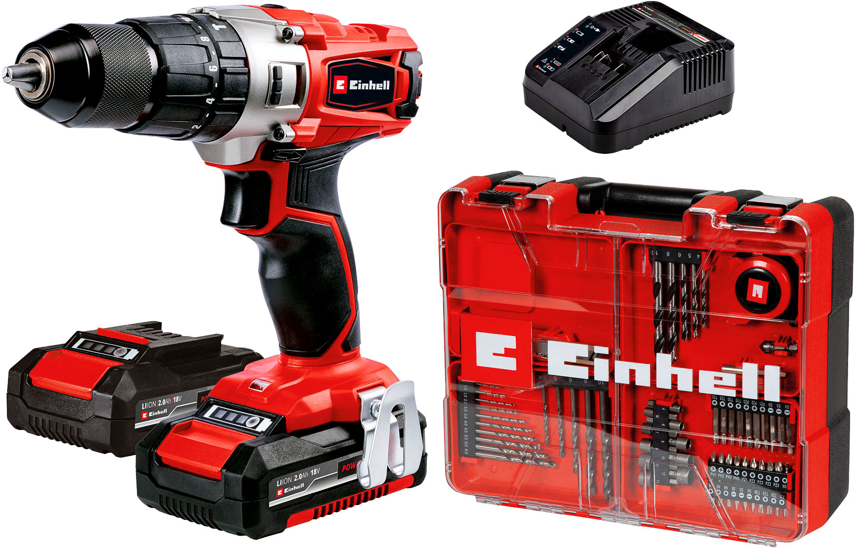 Einhell Akku-Schlagbohrschrauber "Power X-Change TE-CD 18/2 Li-i inkl. 64 tlg. Zubehör" Set, inkl. 2 Akkus á 2 Ah, Ladegerät und Aufbewahrungskoffer