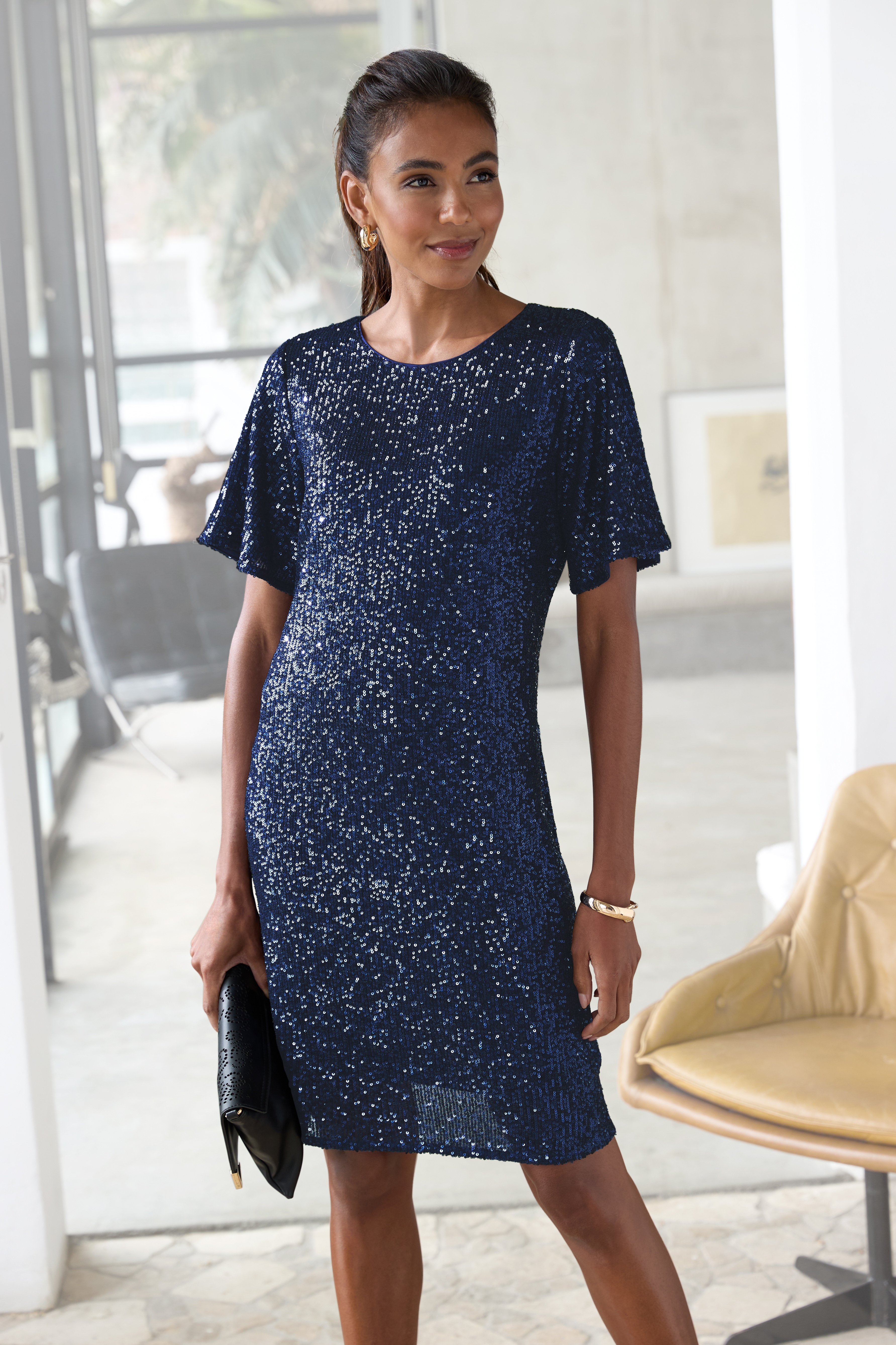 LASCANA Paillettenkleid "mit kurzen Ärmeln" Partykleid, Festkleid, festlich, Glitzerkleid, Cocktailkleid