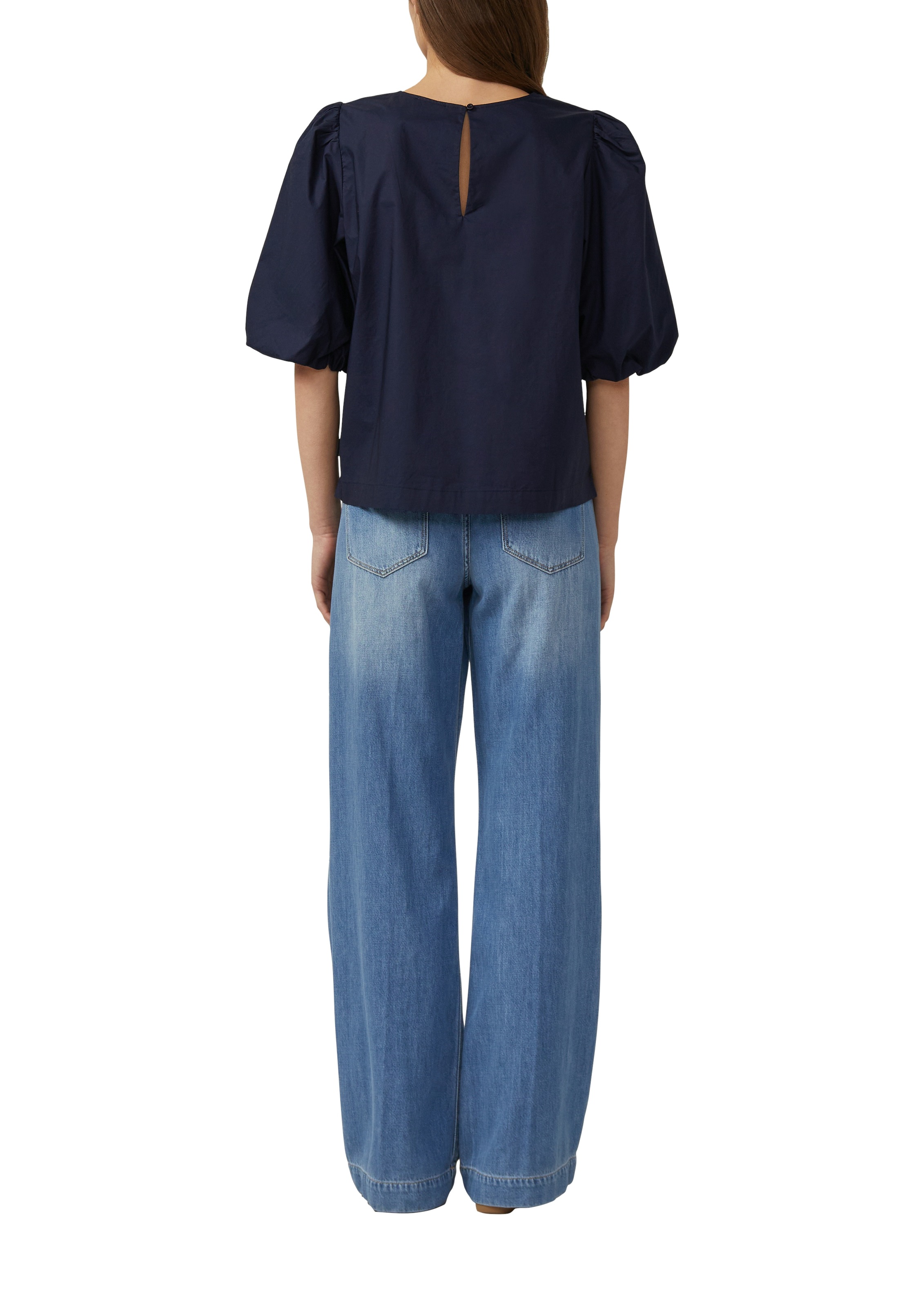 Schlupfbluse S.OLIVER, Damen, Gr. 42, blau, Web, Obermaterial: 100% Baumwolle, unifarben, lässig geschnitten hüftbedeckend, Rundhals, abgesteppte Kante, Blusen Schlupfbluse, mit weitem Hallbarm und Knopfvershcluss 3