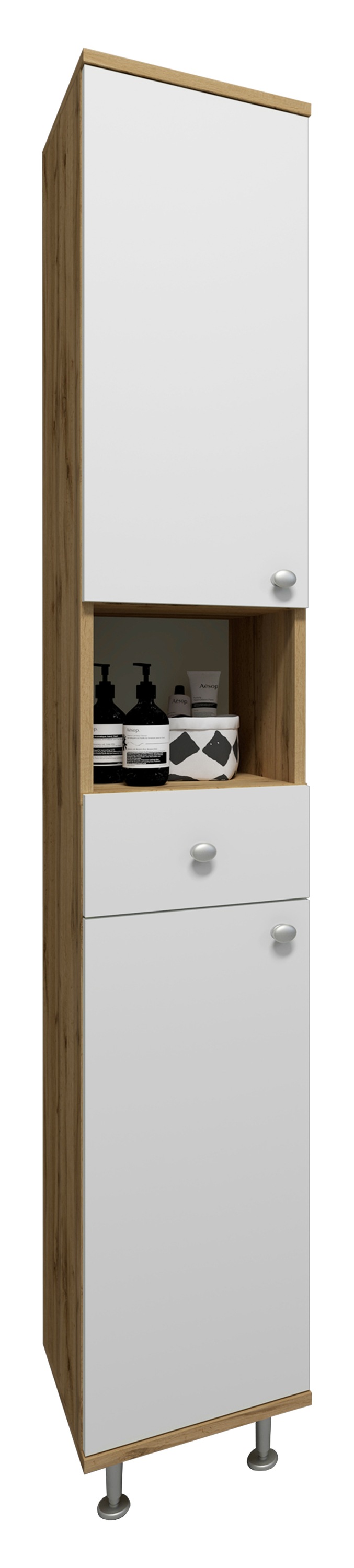 Hochschrank VCM, B:30cm T:10cmhonig, eiche, weiß, Obermaterial: 100% Holz Wood., Badezimmer, Schränke, "Badmöbel Hochschrank Badschrank Schublade