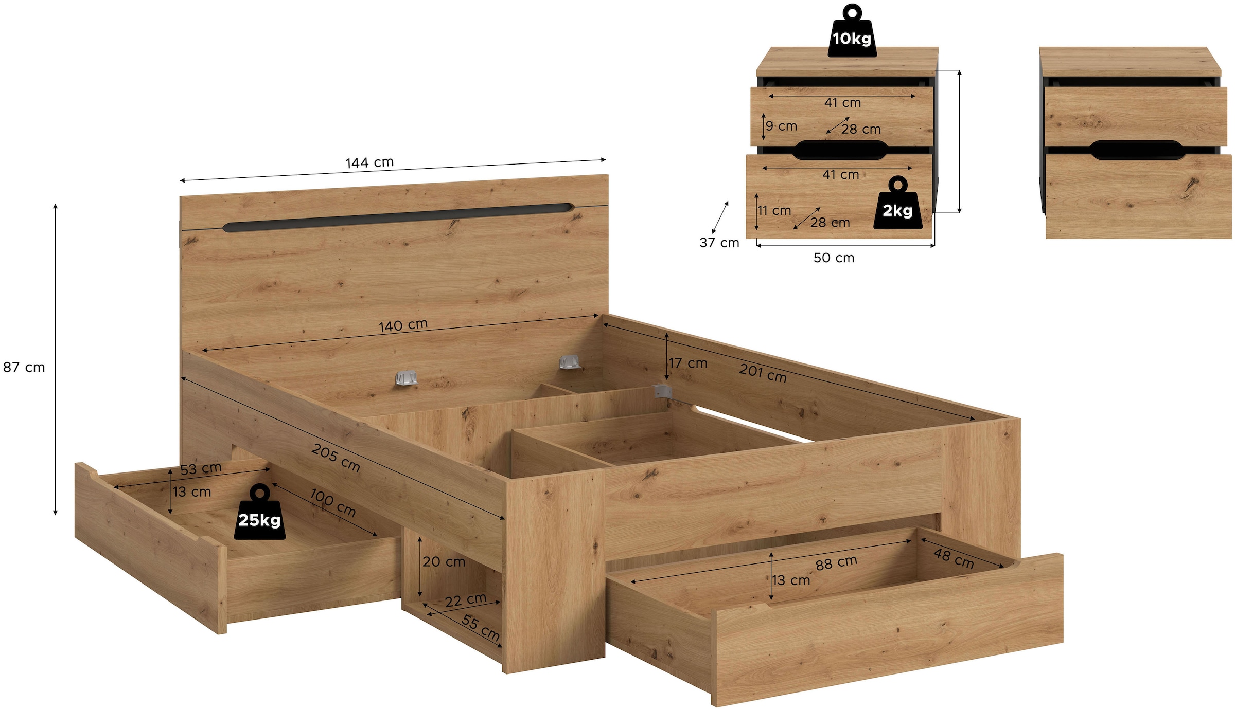 Home affaire Schlafzimmer-Set »REHAT, 3-teilig, bestehend aus: Stauraumbett & 2x Nachtkommode« TOPSELLER!, für Matratzengröße 140x200 cm, viel Stauraum, 3 Stk. tlg. Rehat, Schlafzimmerset, Bett 140x200 cm, 2 Nachttische