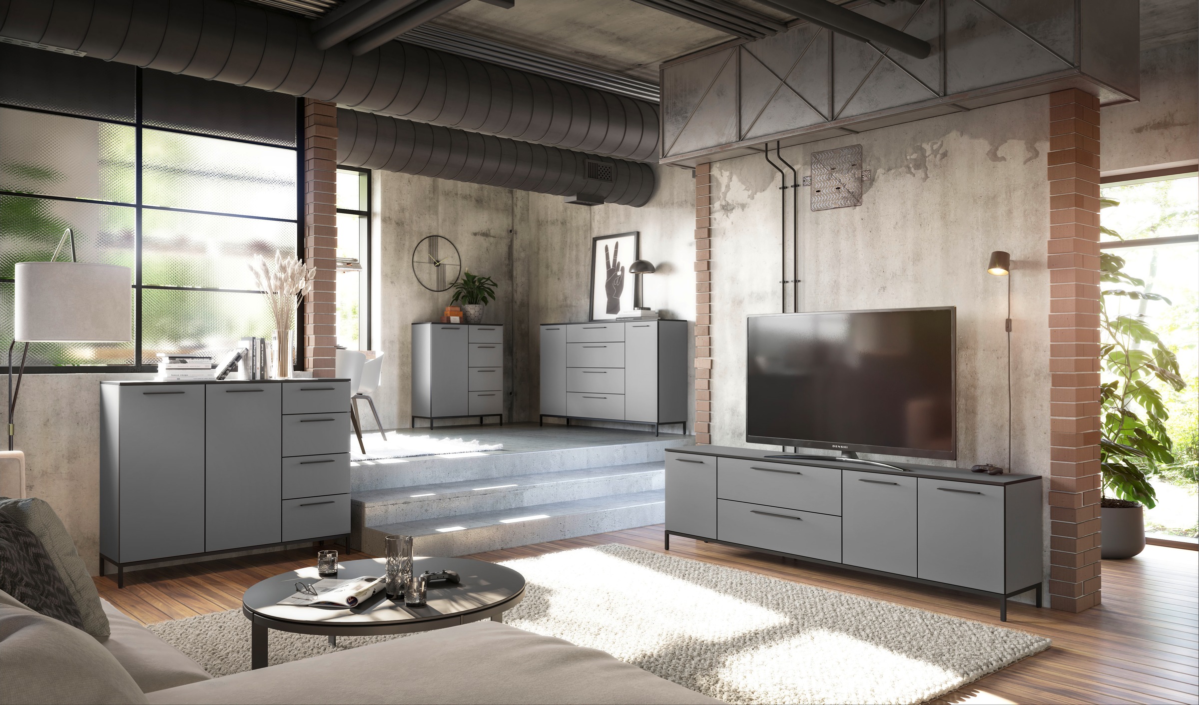 Manjana Möbel Lowboard "Lowboard mit Schwarz matten Metallgriffen" günstig online kaufen