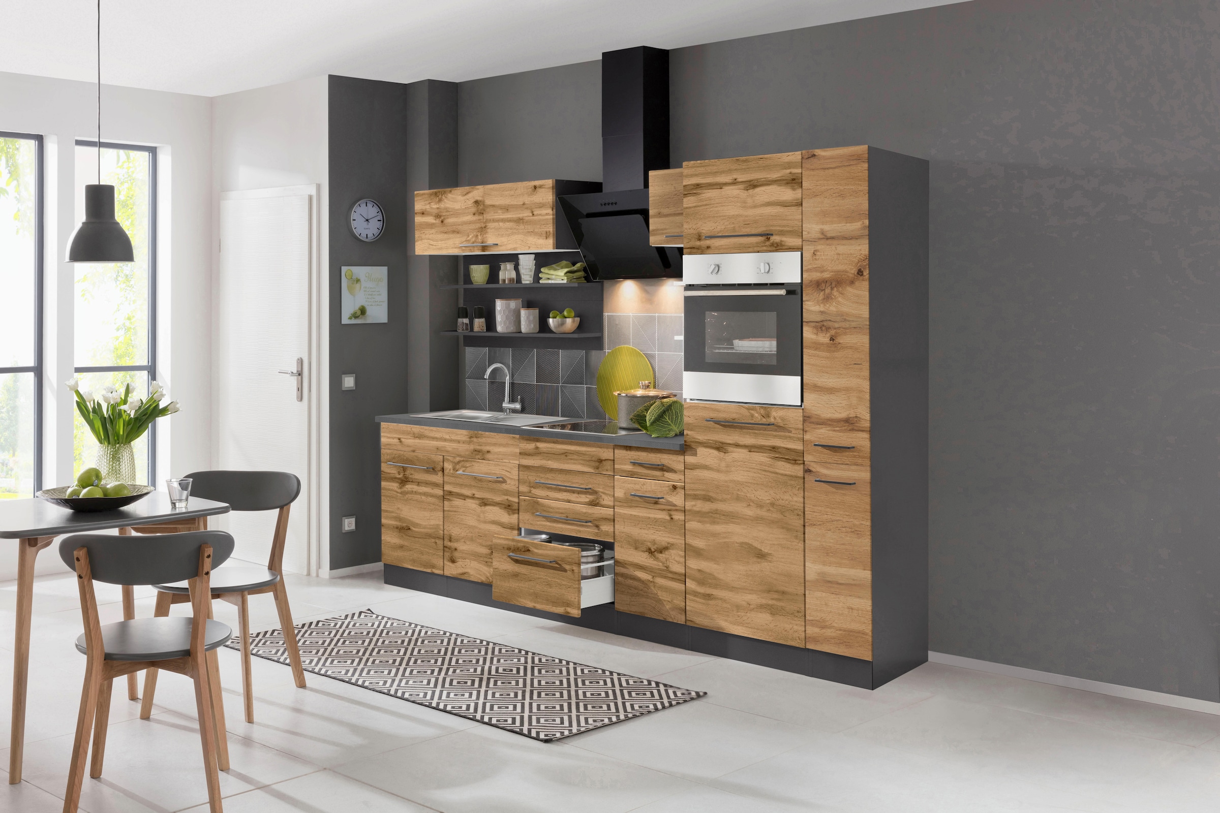 KOCHSTATION Küchenzeile »KS-Tulsa«, ohne E-Geräte, Breite 270 cm, schwarze Metallgriffe, MDF Fronten