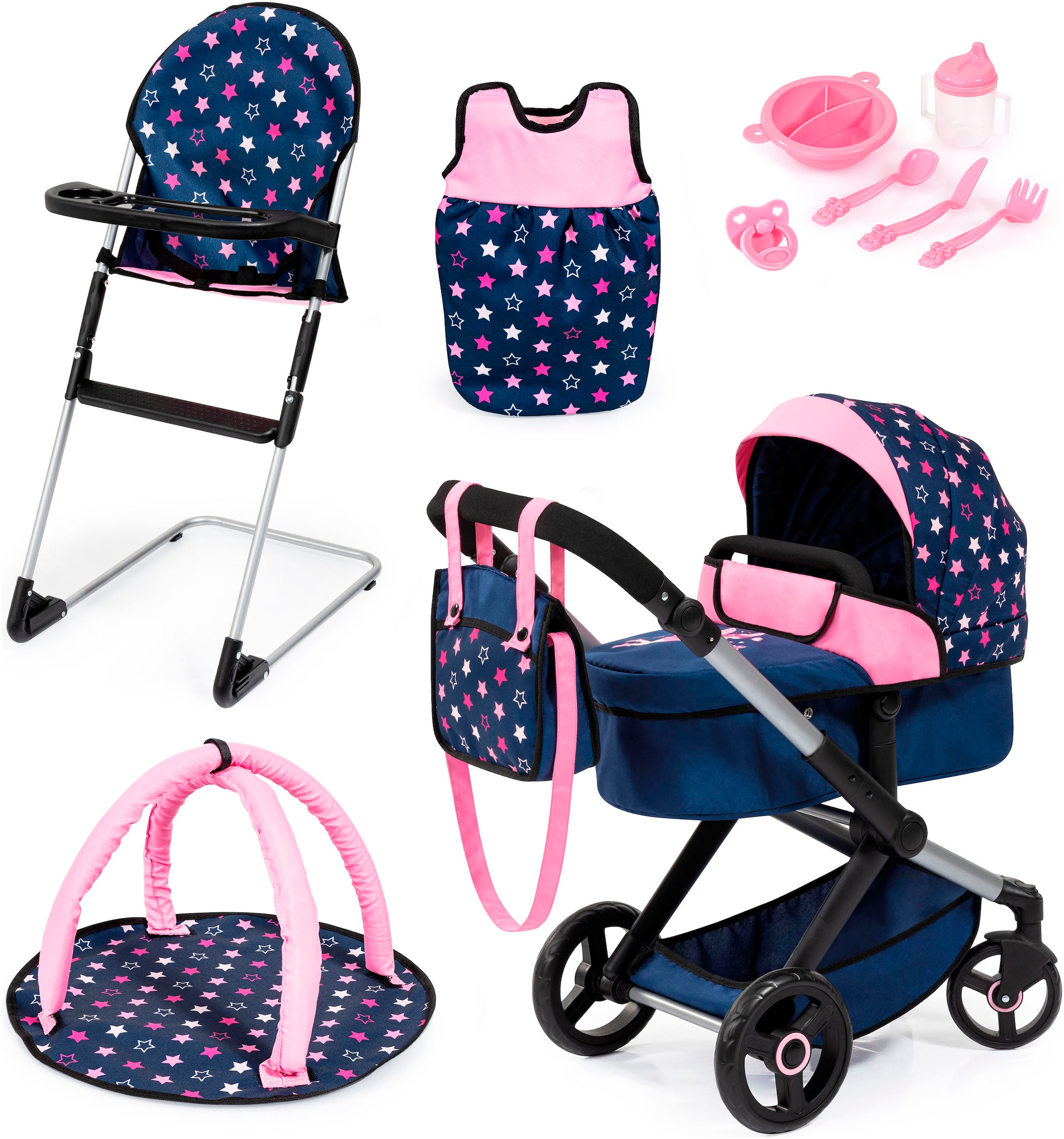 Kombi-Puppenwagen »Xeo Deluxe, blau/rosa«, (Set)