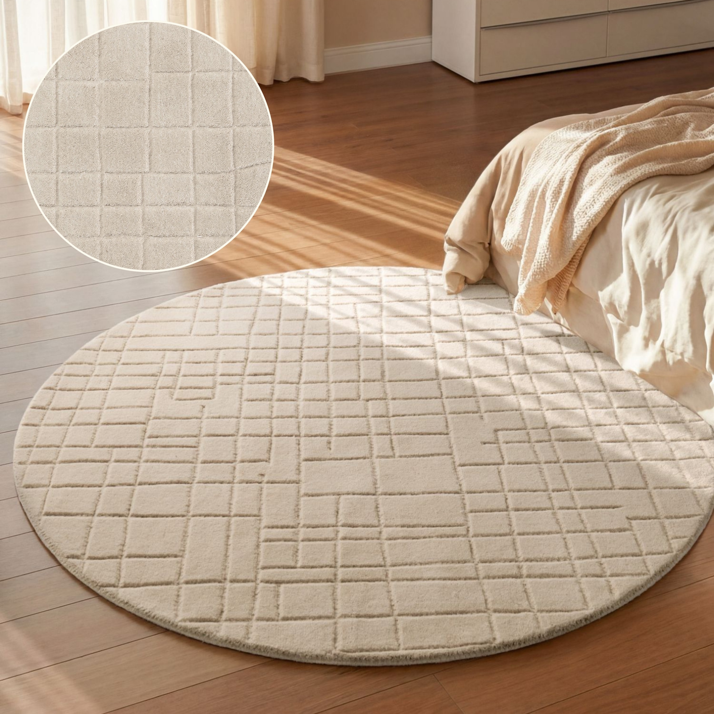 Villeroy & Boch Wollteppich »Kenso« rund 15 mm Höhe Wolle, Kariert, Natur, Handgemacht, Wohnzimmer, Schlafzimmer, Hygge
