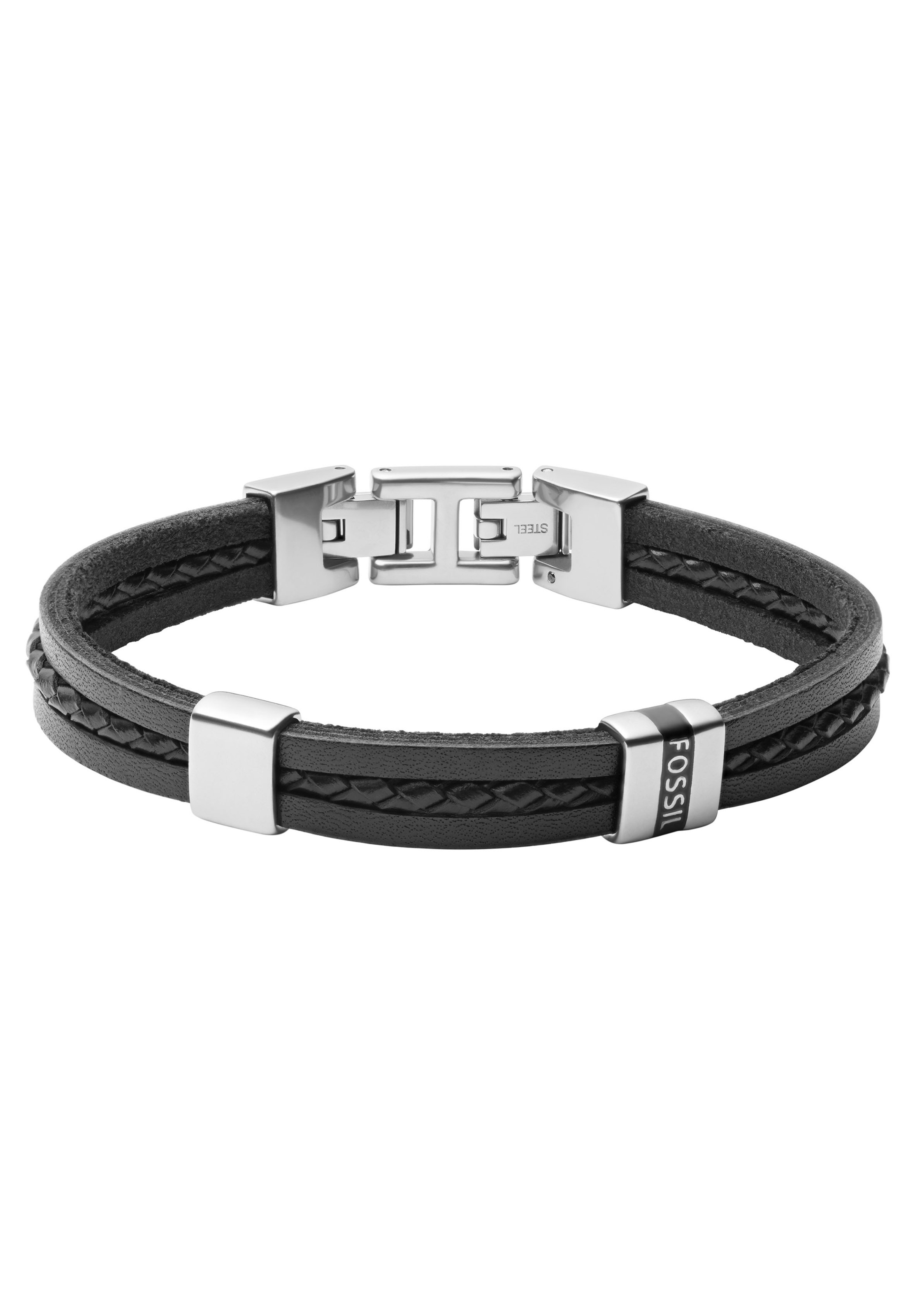 Armband FOSSIL "Schmuck Geschenk Edelstahl Leder VINTAGE CASUAL", schwarz (edelstahlfarben, schwarz), Armbänder, Damen, 19,5cm, Edelstahl Leder, Edelstahl, Leder, Armband 5