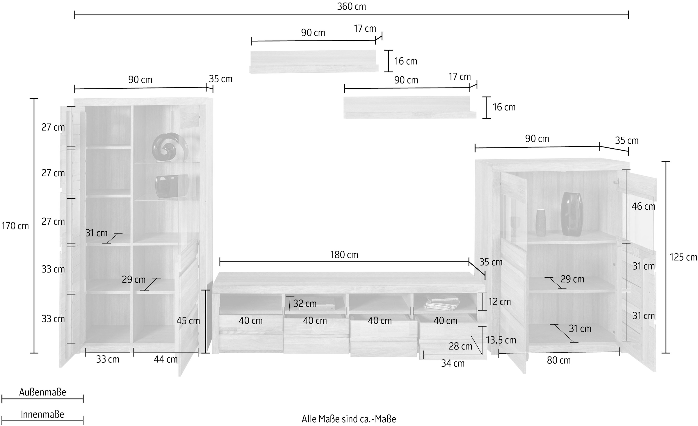 Home affaire Wohnwand »Silkeborg«, (Set, 5 St.), teilmassiv mit schöner, griffloser Optik