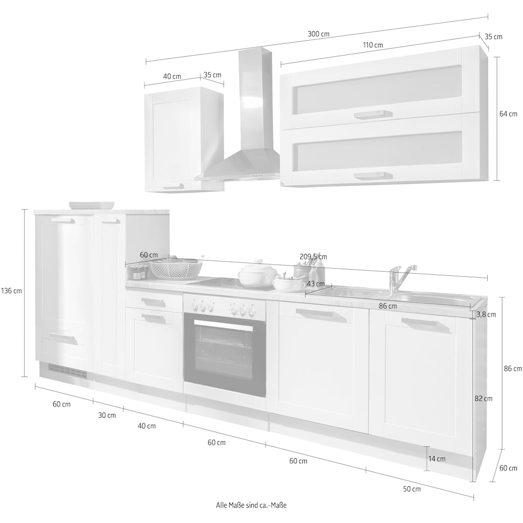 Menke Küchen Küchenzeile »White Premium Landhaus«, Küchenzeile mit E-Geräten, Breite 300 cm