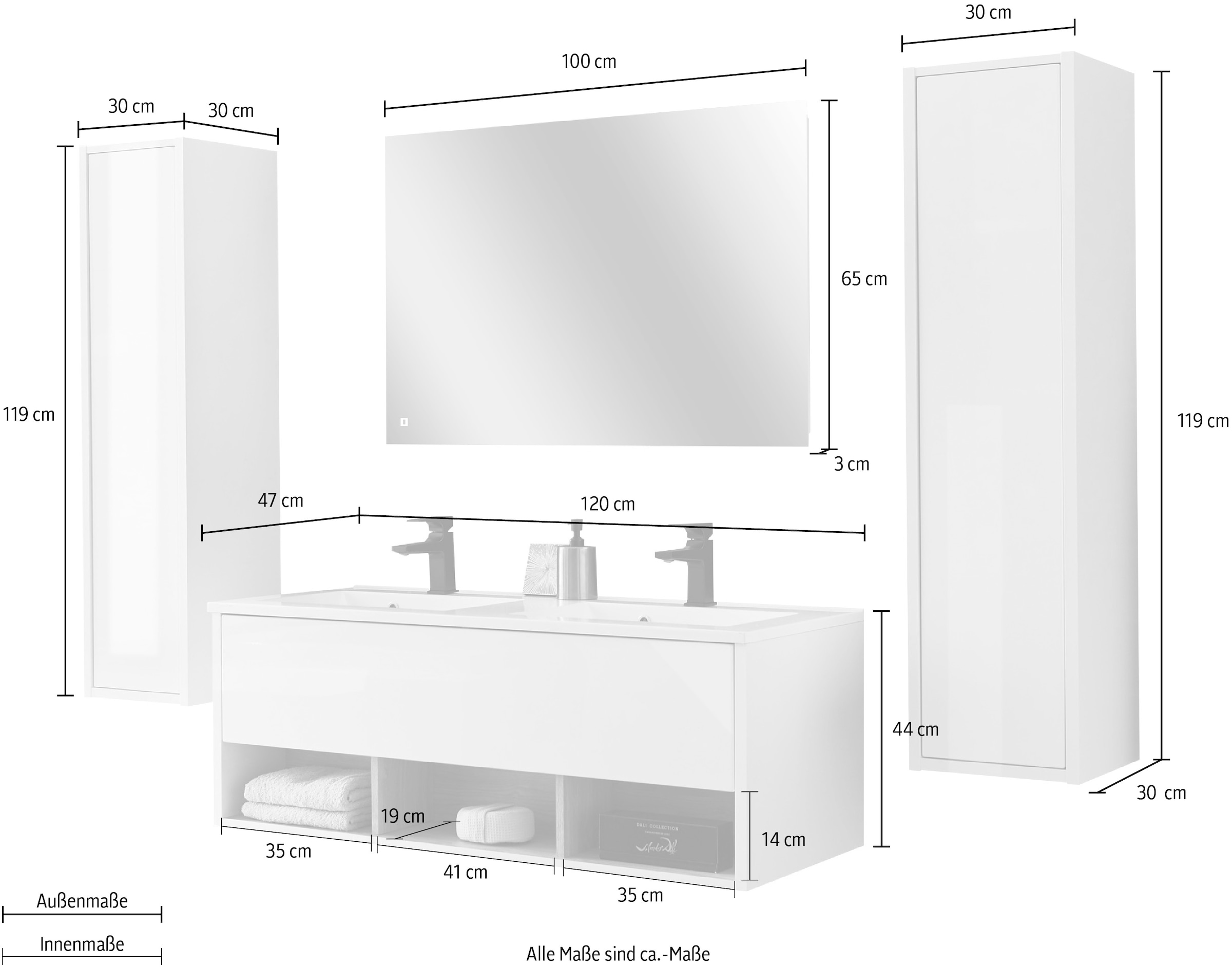 Places of Style Badmöbel-Set »Studio Line, Bad im modernen Design, 4-teiliges Badezimmer«, (4 St.), Schrank, Waschtisch und Spiegel, in zwei Farben verfügbar, Stauraum
