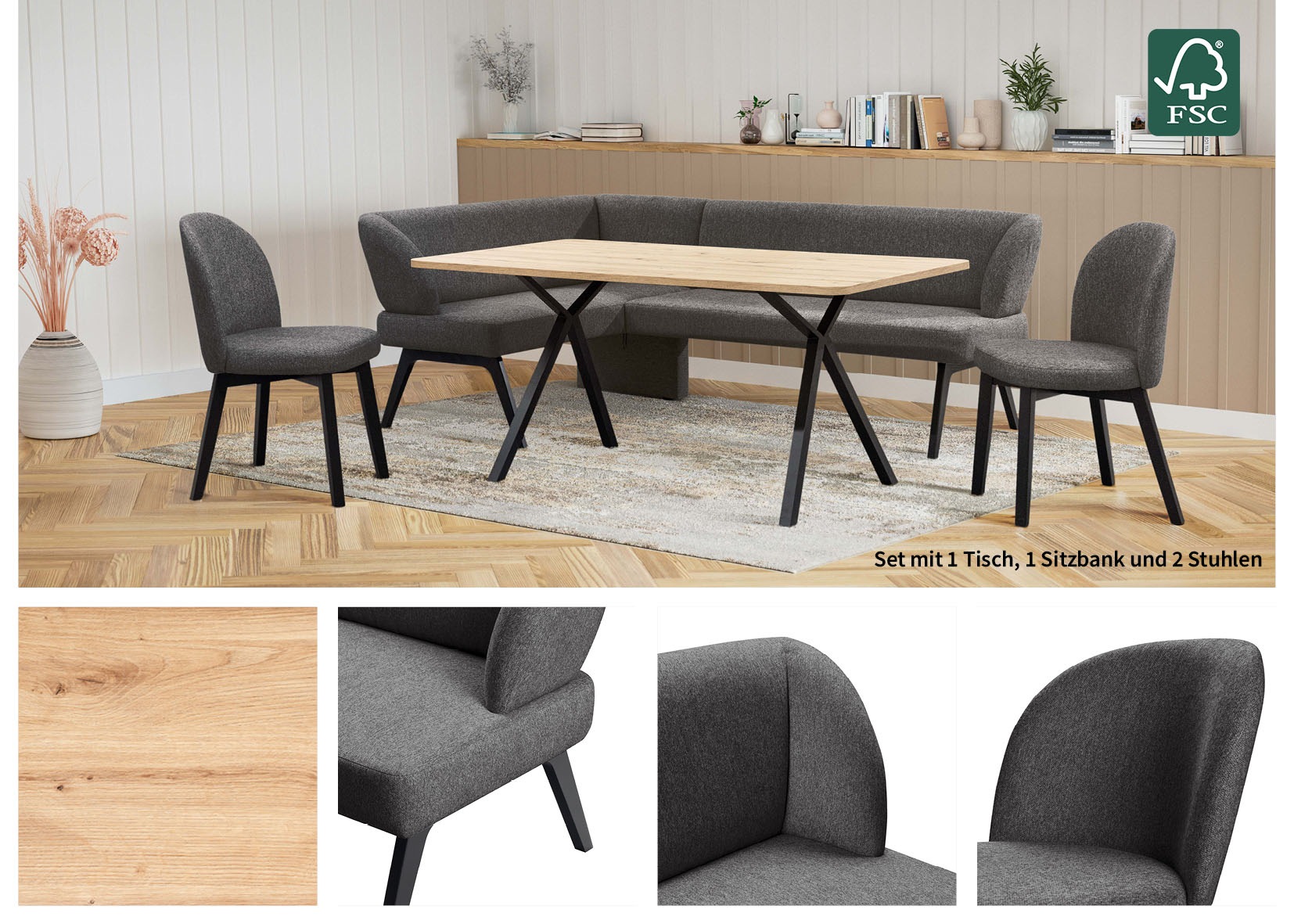 Thumbnail - OTTO home Eckbankgruppe "Aretha Essecke, Sitzgruppe, Eckbank, Küchenbank" Set, 4er, 4 Stk. tlg. Esszimmer Sitzgruppe, Ti...