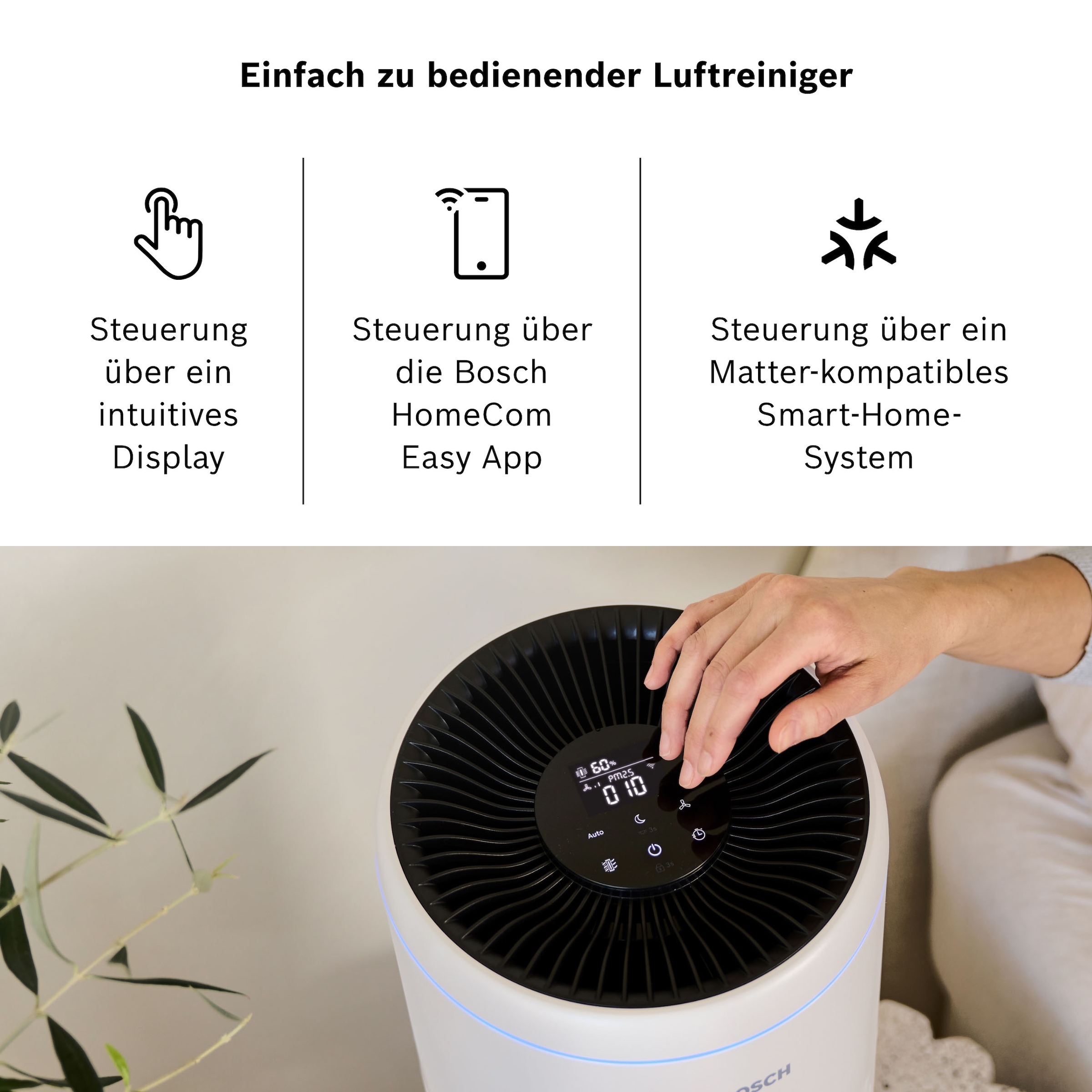 BOSCH Luftreiniger »Air 2000i, kompakt mit App-Steuerung« für 37 qm Räume mit 3-in-1 Luftfilter, Smart Sensor, Automatik-, Ruhemodus < 25 dB(A)
