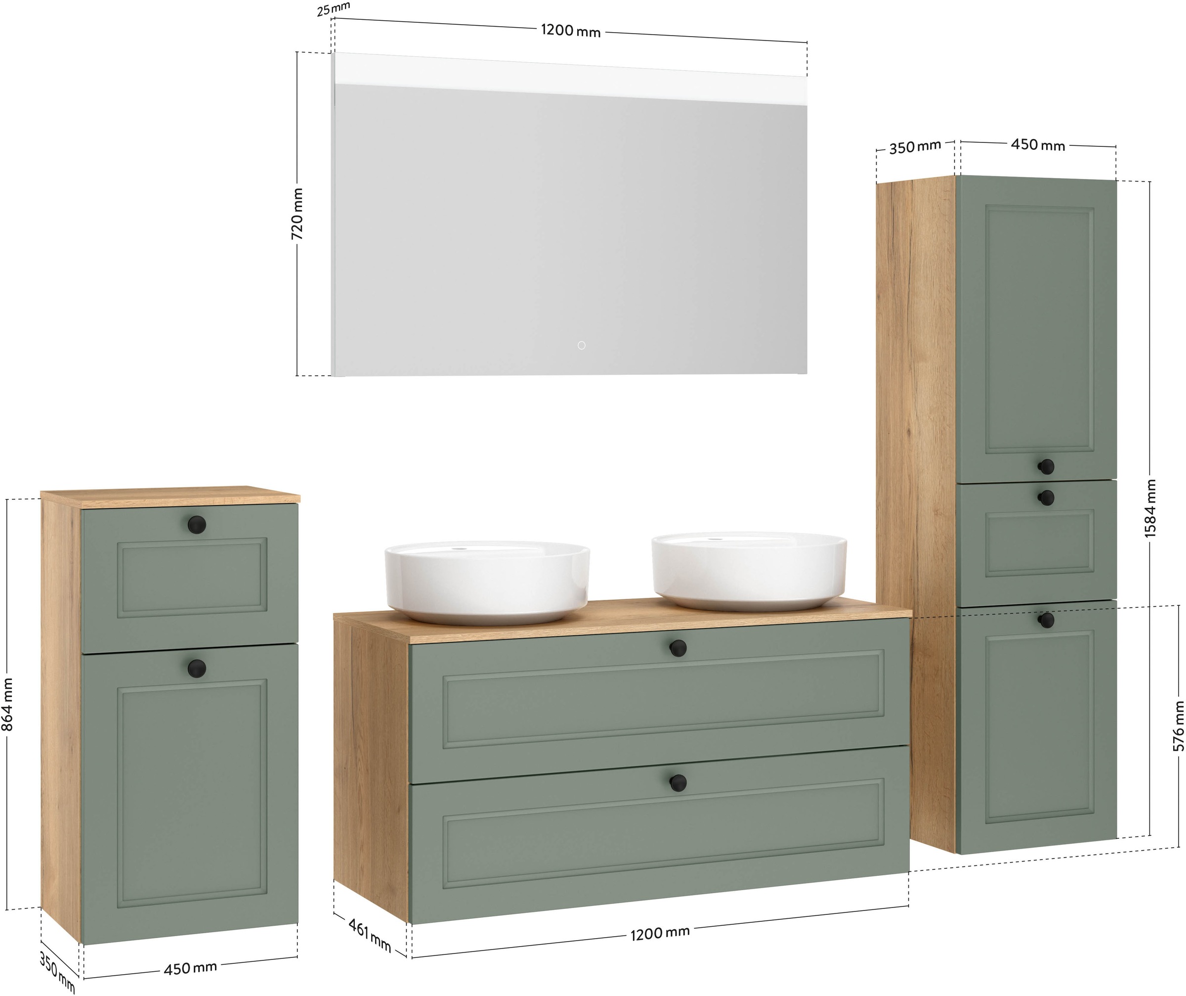 nobilia® Badmöbel-Set »Cascada« Set, inkl.  2 Aufsatzwaschbecken und beleuchtetem  Spiegel mit Touch-Sensor, 6 Stk. tlg.