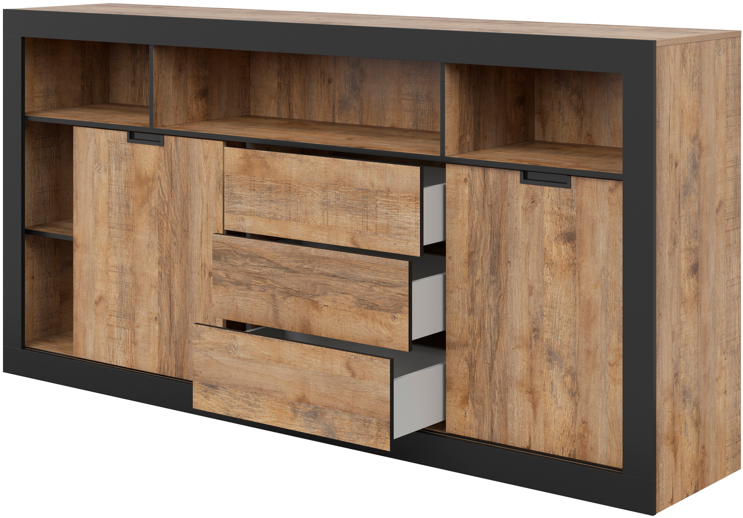 INOSIGN Highboard »Tudor, Breite 220 cm Aufbewahrungsschrank 2 Schiebetüren/3 Schubkästen«, Hochschrank, Kommode Landhausstil viel Stauraum, Böden verstellbar