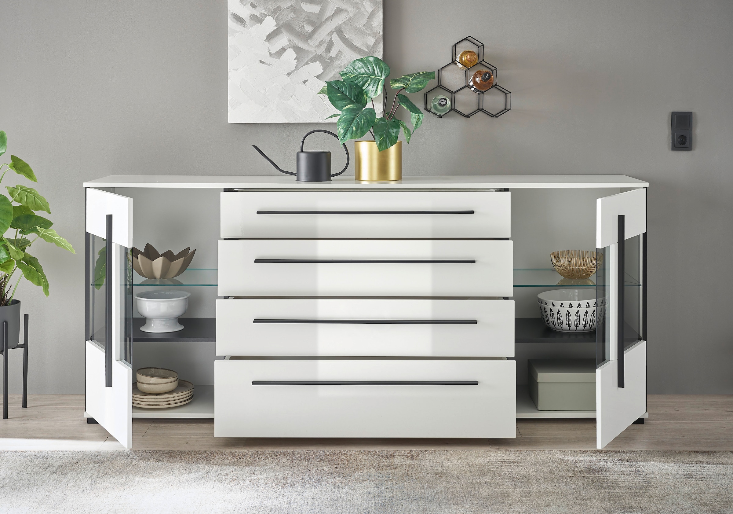 INOSIGN Sideboard »Cantara, moderner Schrank, Kommode in Eiche Evoke oder weiß«, schwarze Stangengriffe, ausreichend Stauraum, vielseitig einsetzbar