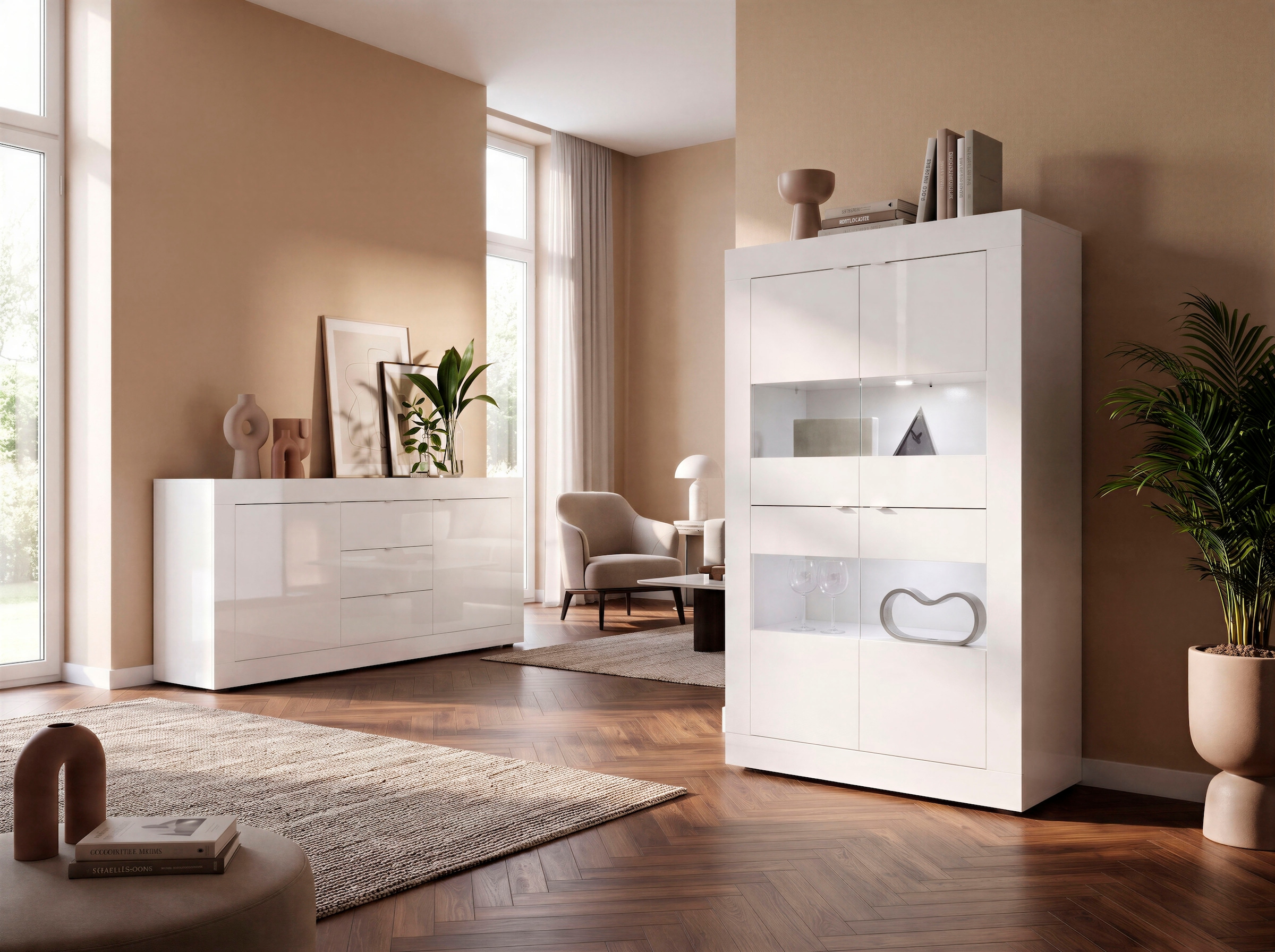 Home affaire Vitrine »Basic Höhe 162 cm, Standvitrine mit 4 Türen - Metallgriffe,« Stauraumvitrine in moderner Rahmenoptik, Hochschrank, Anrichte