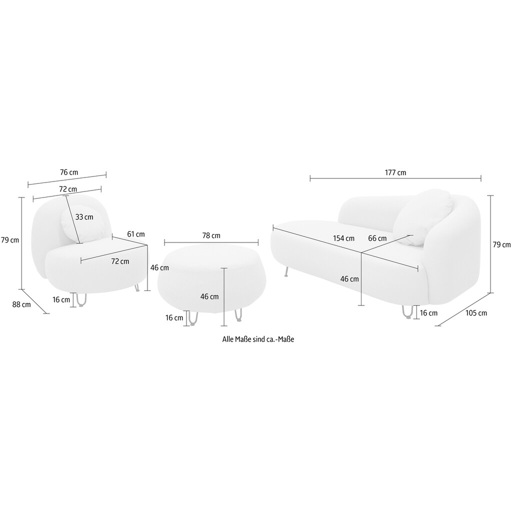 DOMO collection Polstergarnitur »Poika Bezug Fellimitat«, (3 tlg.), Formschönes Outdoor-Highlight, ideal für Balkon, Terrasse, Garten