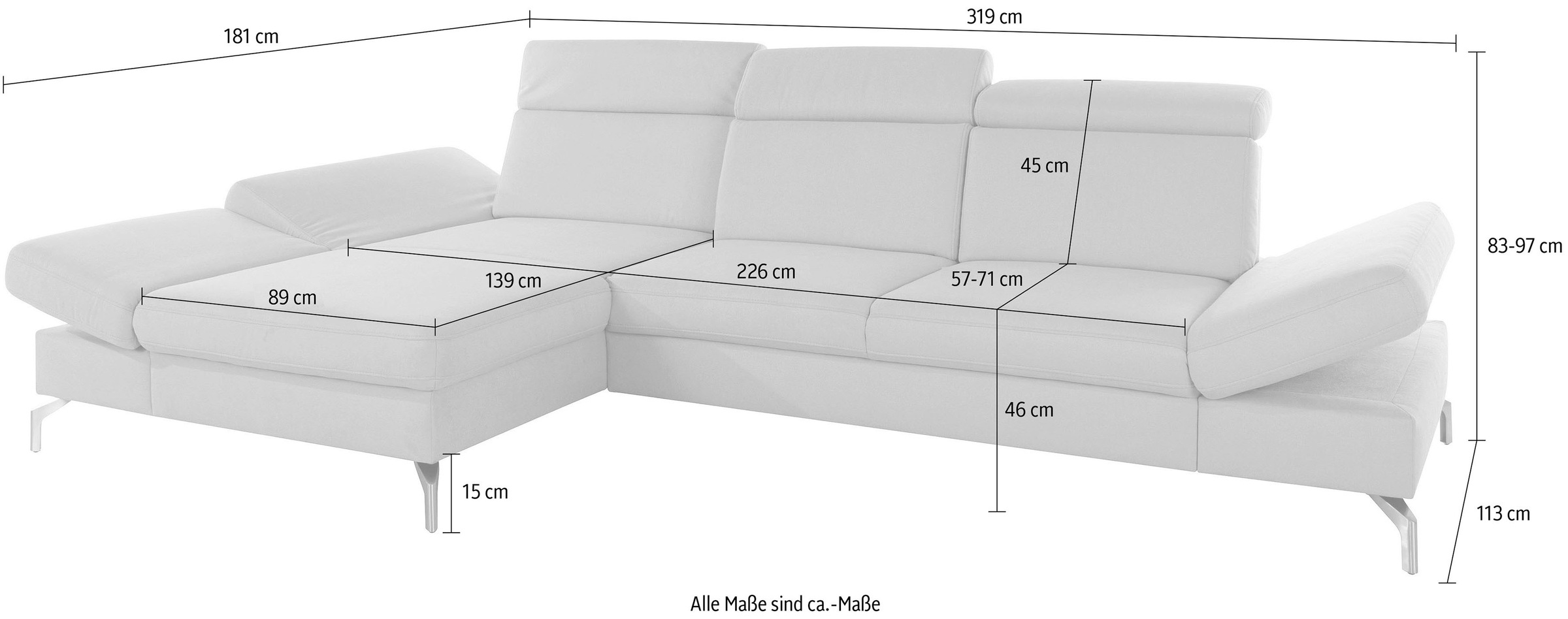 sit&more Ecksofa »Brisbane L-Form«, Fußhöhe 15 cm, inklusive Sitztiefen-, Armteil- und Kopfteilverstellung