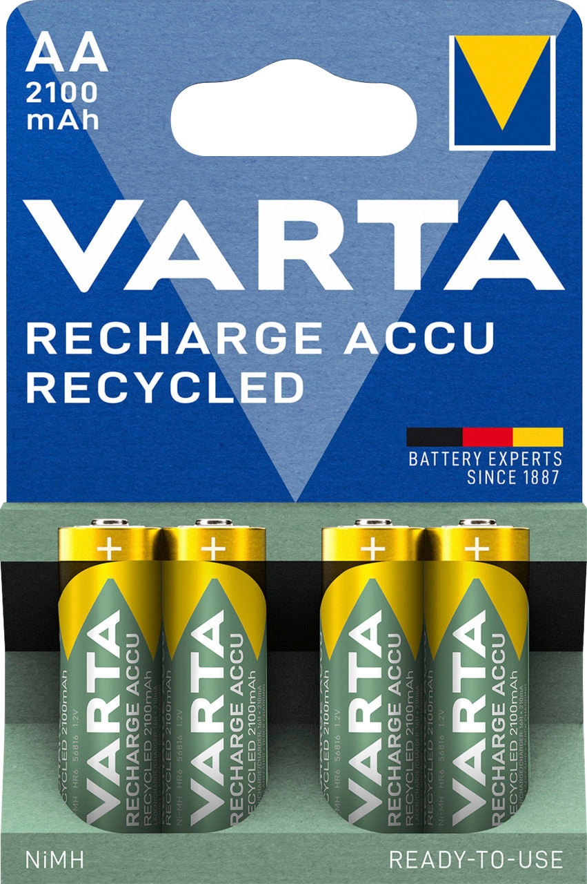 VARTA wiederaufladbare Batterien »wiederaufladbare Akkus«, 1,2 V, (Packung, 4 St.), VARTA Recharge Accu Recycled, Ready-To-Use vorgeladener AA Micro Ni-MH Akku (4er Pack, 2100mAh) - aus 11% recyceltem Material - wiederaufladbar ohne Memory Effekt